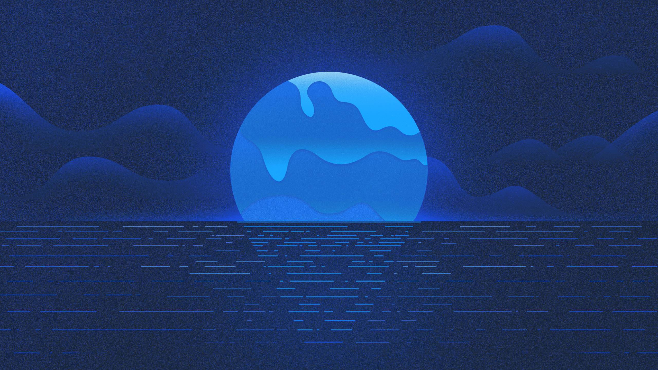 General 2560x1440 illustration night sea blue Moon digital art