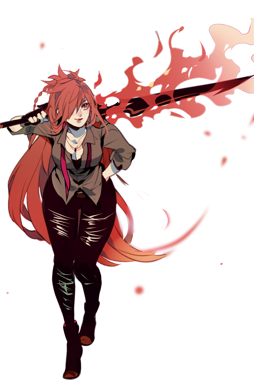 Anime 1024x1554 anime girls anime Elsword Elesis (Elsword) sword redhead long hair fire simple background