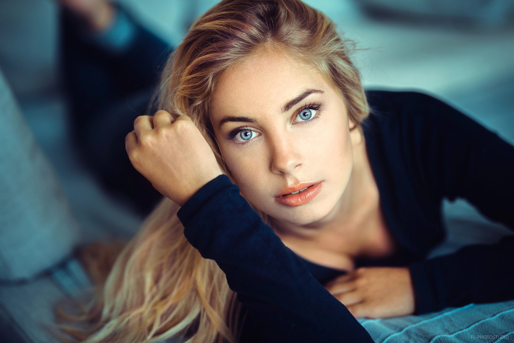 People 2048x1367 Lods Franck lying on front blonde face blue eyes portrait looking at viewer photography women model pink lipstick Cassandre Lamarche