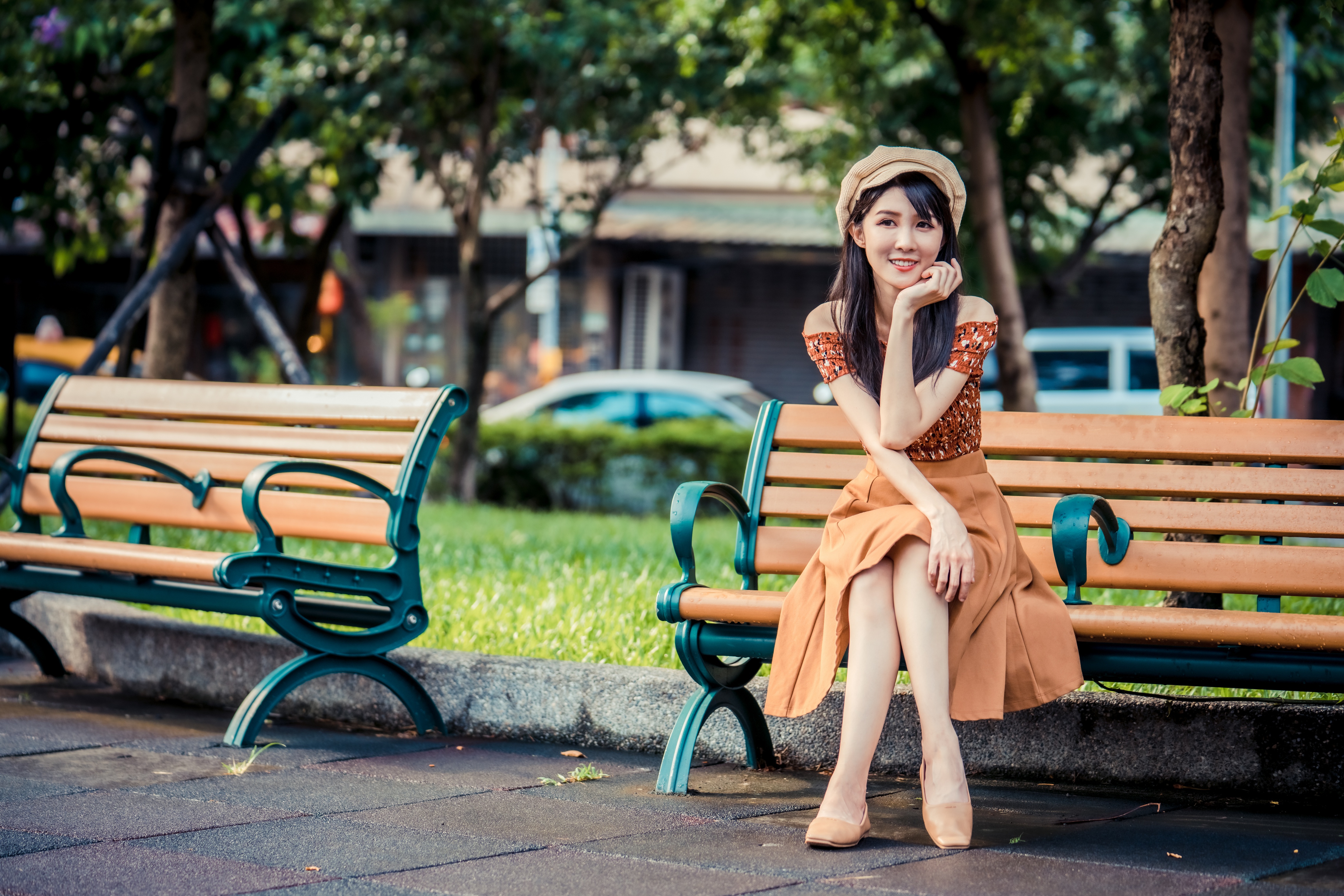 People 4562x3043 Asian model women brunette long hair bench berets skirt top