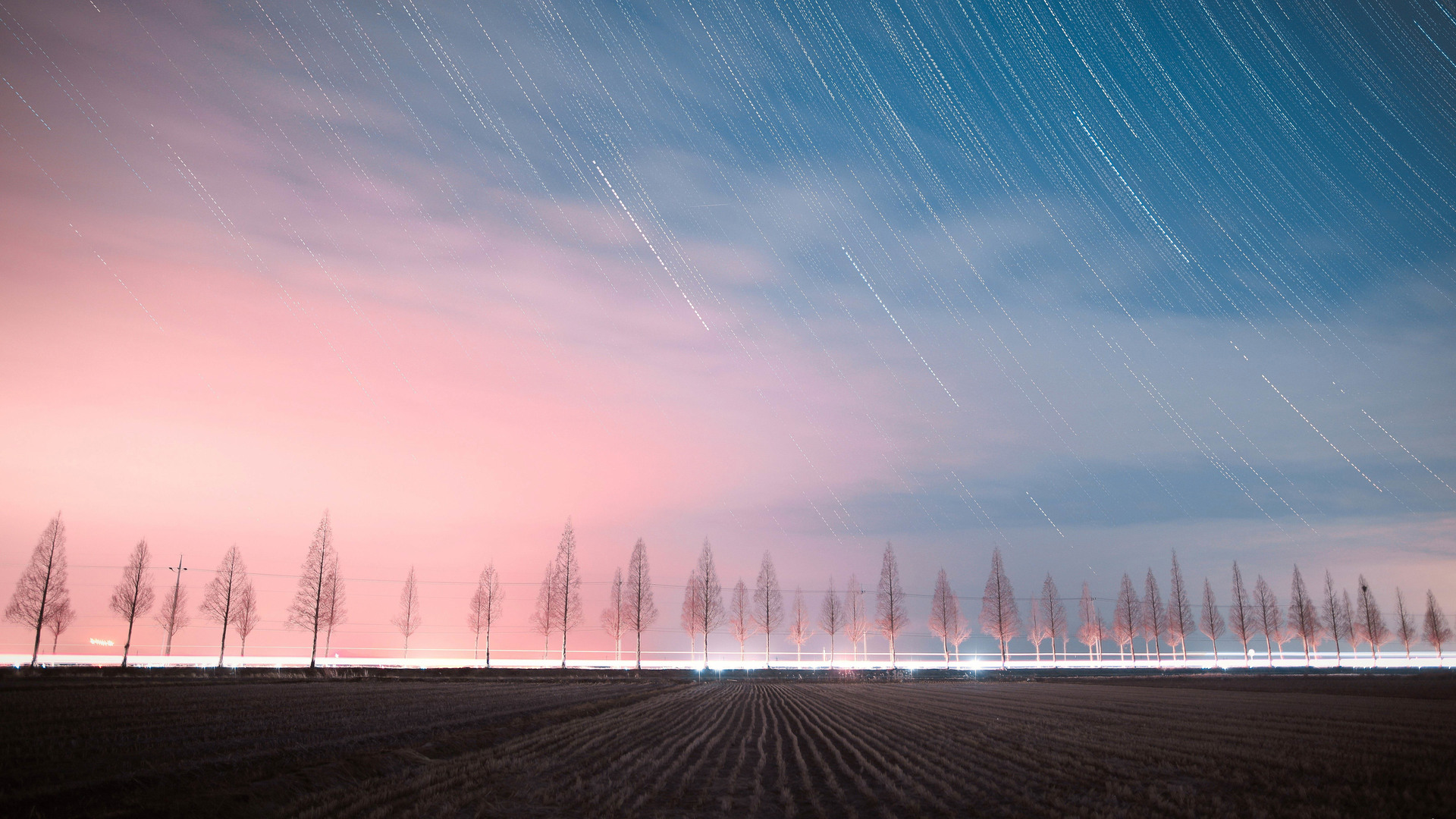 General 1920x1080 nature landscape stars long exposure trees power lines field lights clouds night