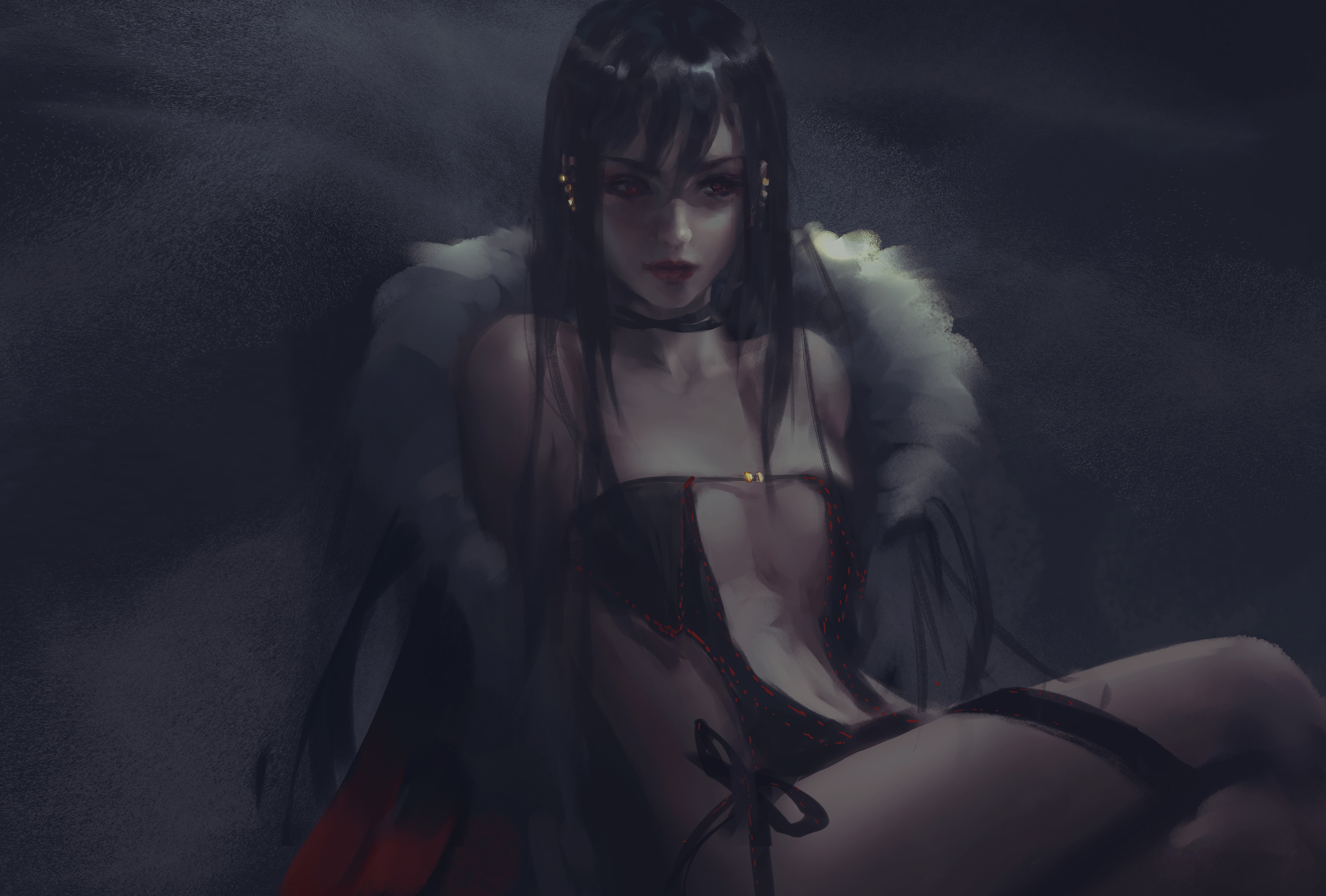 General 4039x2730 WLOP artwork red eyes red lipstick cape black hair skimpy clothes women
