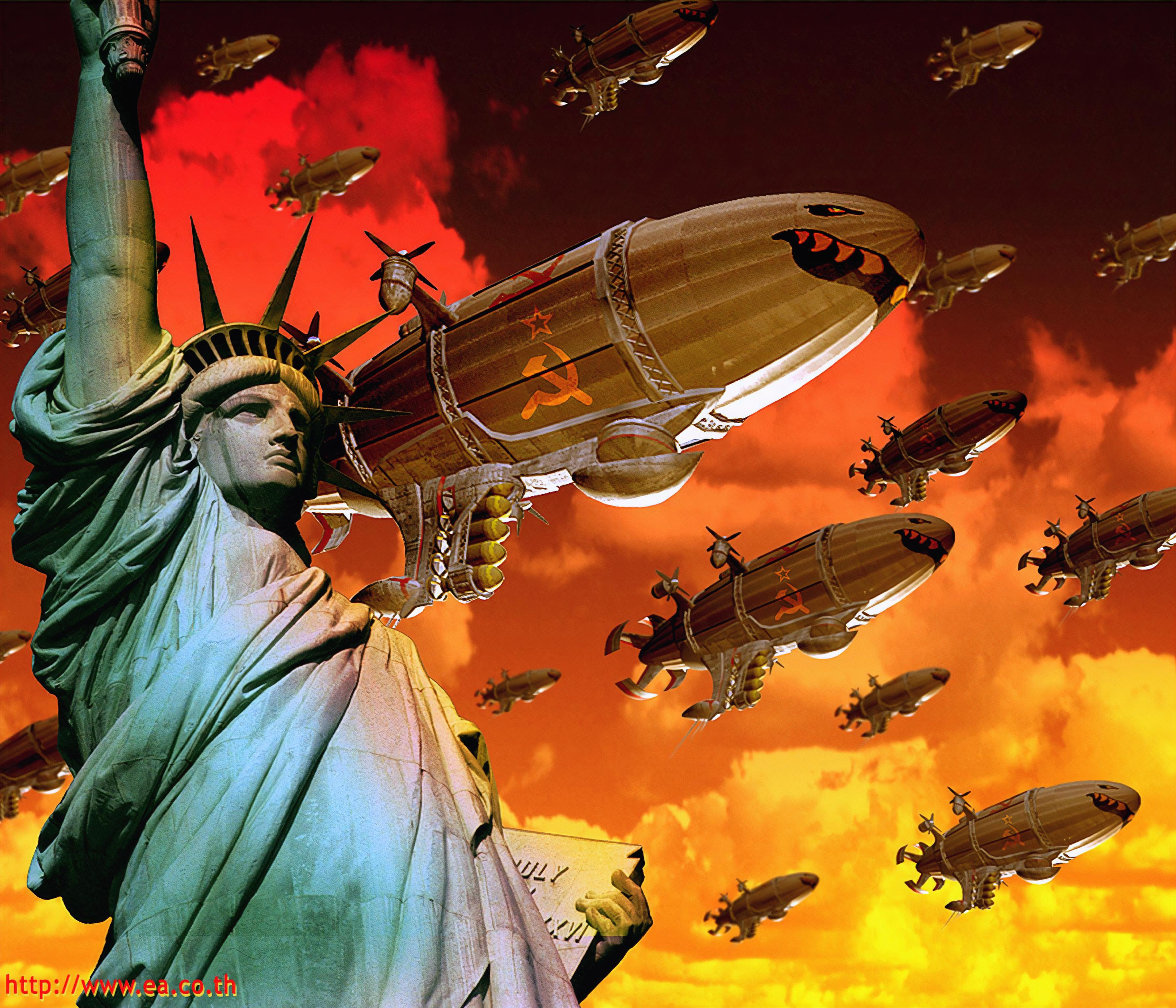 General 3584x3072 Command & Conquer red alert 2 Statue of Liberty USSR Zeppelin orange sky video game art nostalgia digital art