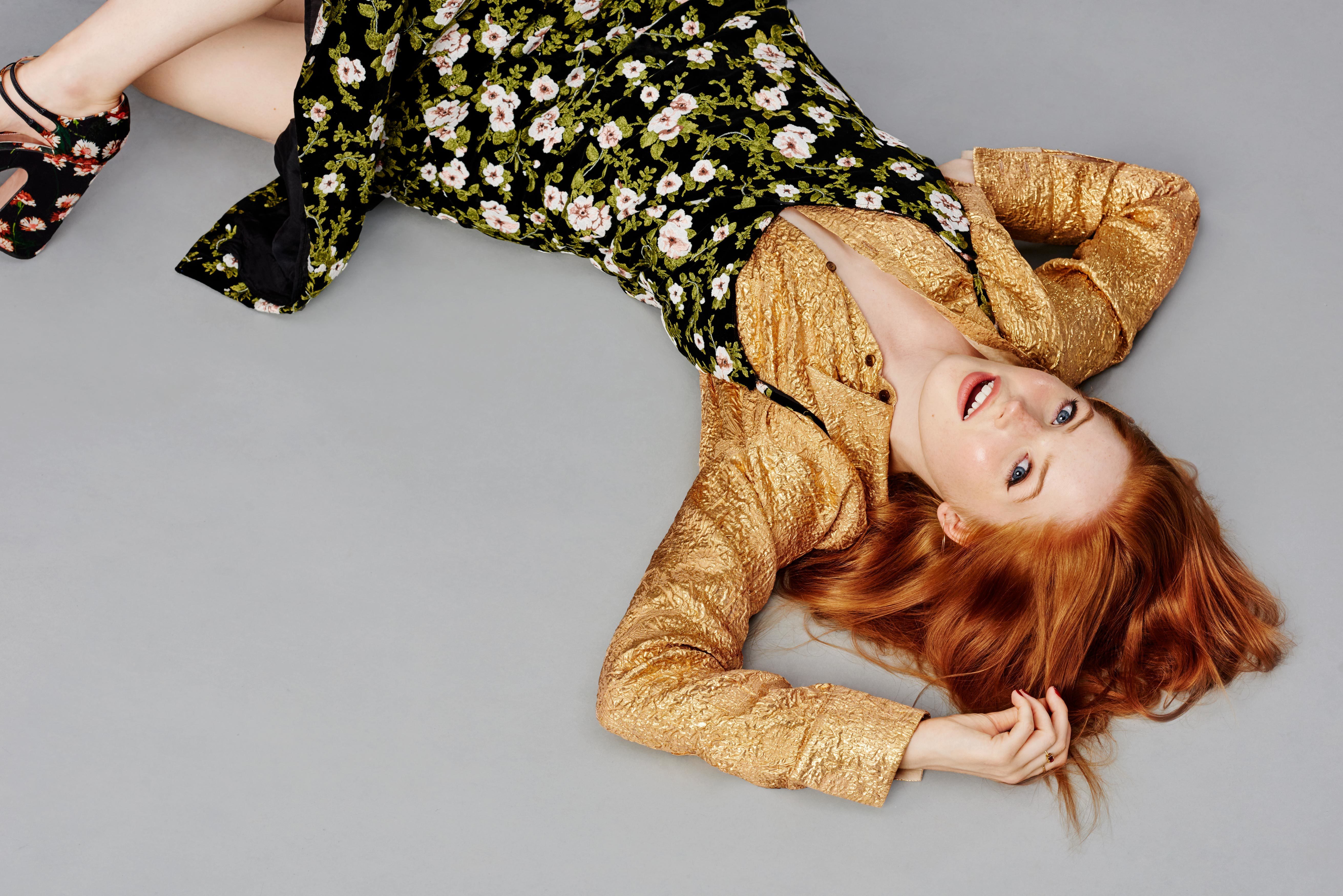 People 5244x3500 Ellie Bamber women actress redhead blue eyes lying on back on the floor model British British women simple background