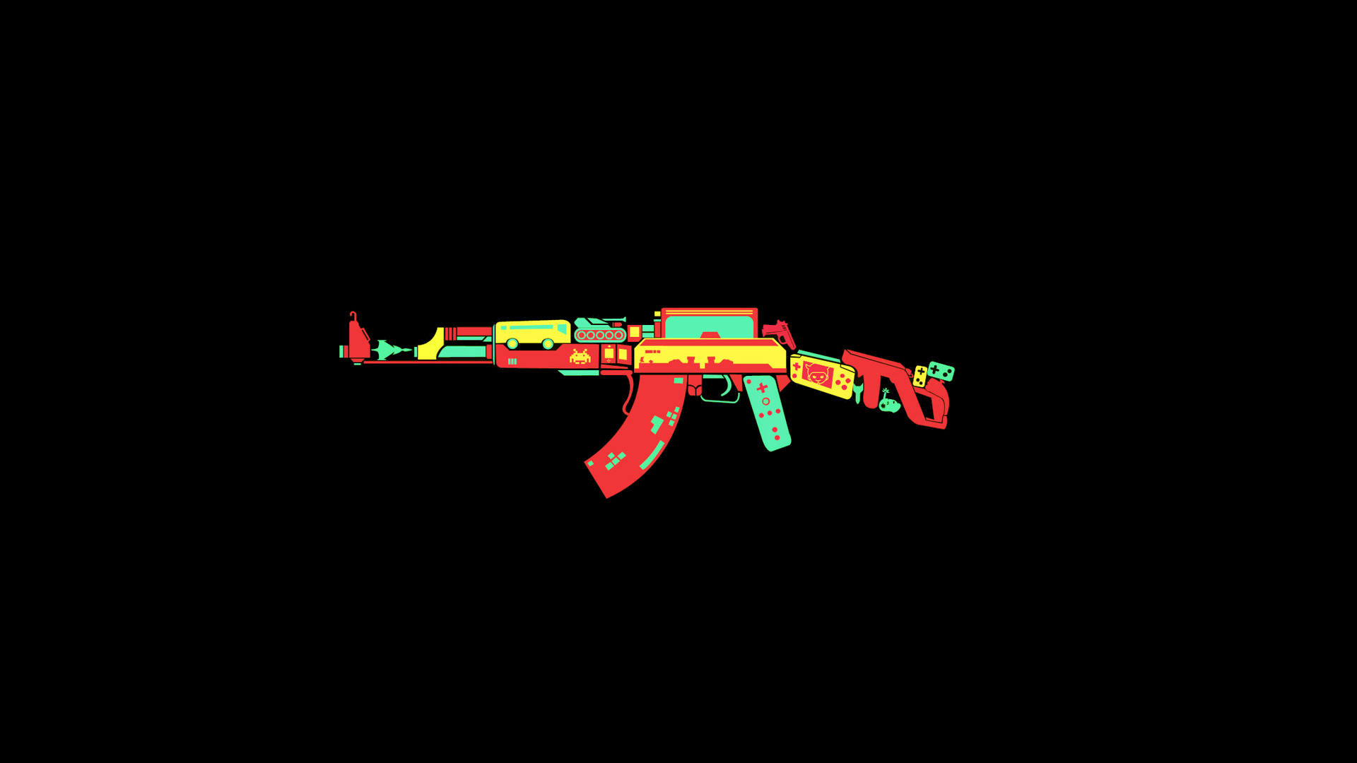 General 1920x1080 gun colorful black background AK-47 rifles video game art controllers collage