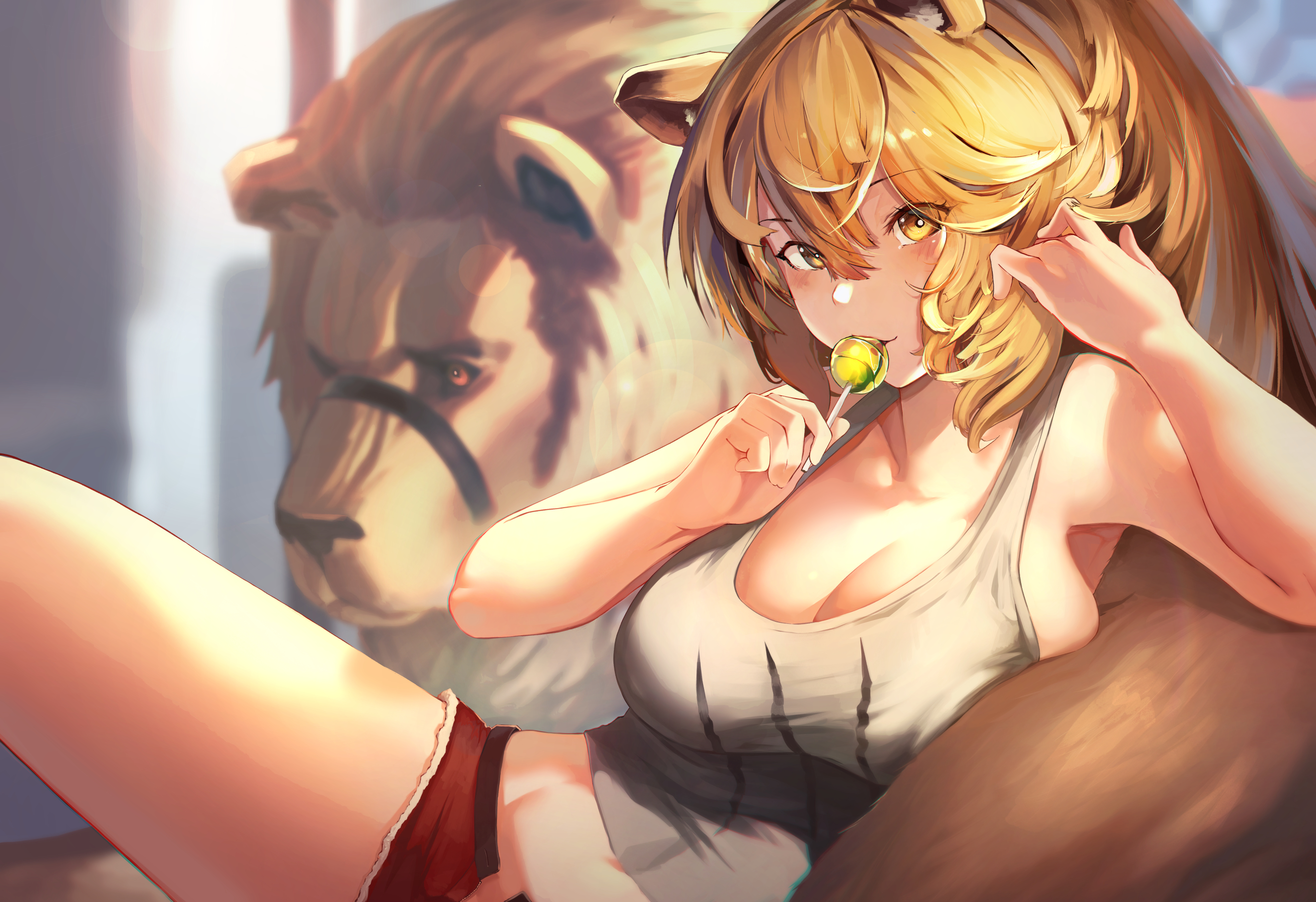 Anime 2744x1880 Siege(Arknights) animal ears blushing brown eyes candy cat girl cleavage lion long hair no bra shorts anime Arknights
