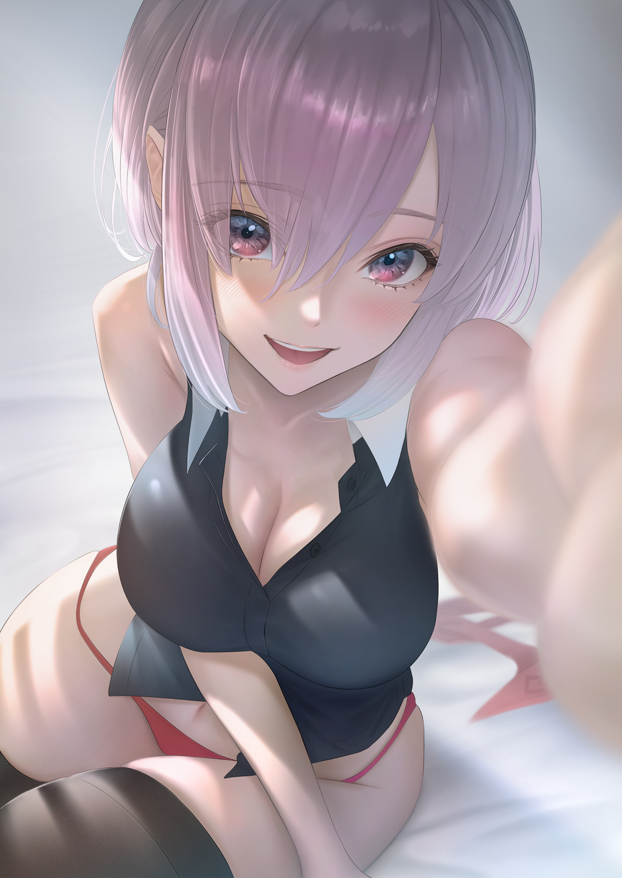 Anime 1275x1800 Fate series Fate/Grand Order big boobs thighs short hair thick thigh anime girls red thong bare shoulders black stockings tight clothing no bra smiling open mouth cleavage curvy white sheets open shirt Mash Kyrielight the gap 2D blushing embarrassed purple hair sunlight purple eyes portrait display sleeveless hair in face looking at viewer fan art anime POV ecchi I_MI_ZU