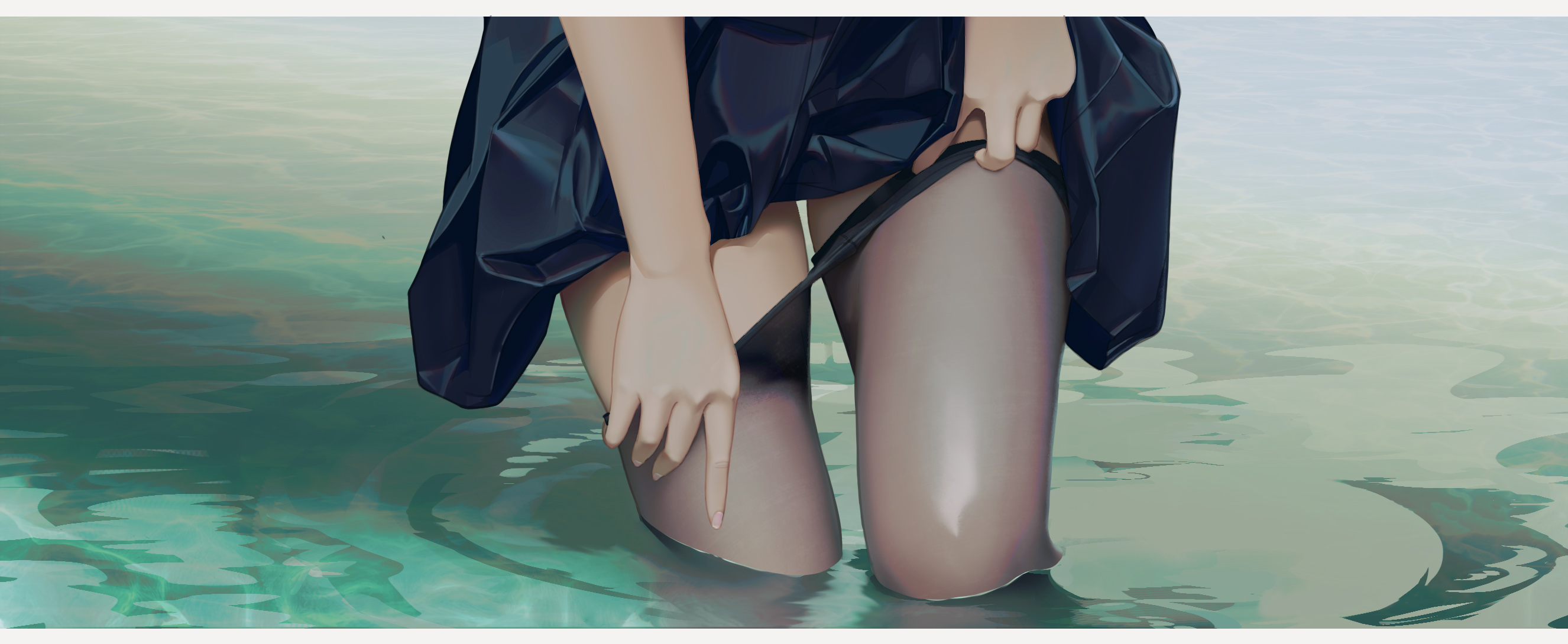 Anime 2652x1090 anime anime girls digital art artwork 2D portrait pantyhose skirt thighs water pulling clothing qizhu