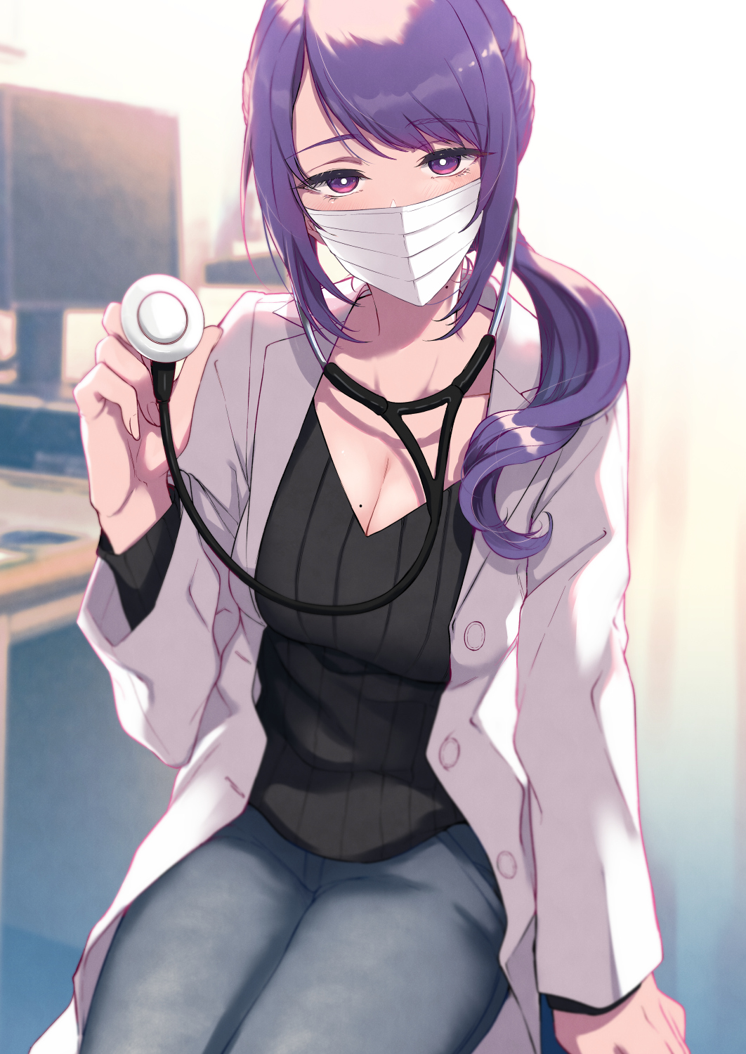 Anime 1062x1500 anime anime girls mask purple hair cleavage frontal view purple eyes face mask nurses doctors stethoscope Pochi