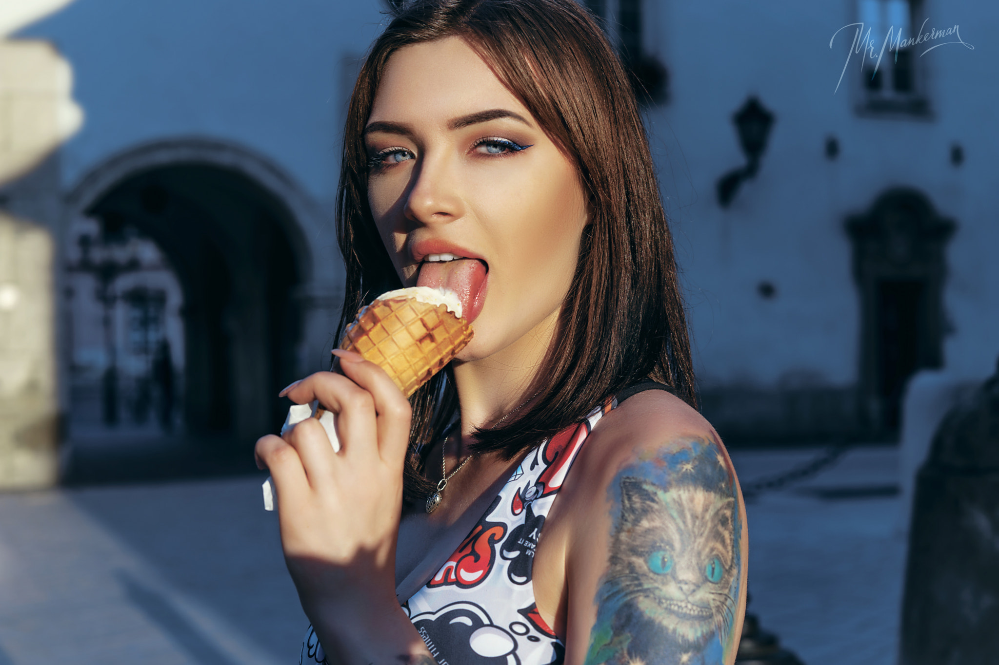 Licking Women Tongue Out Outdoors Ice Cream Food Sweets.