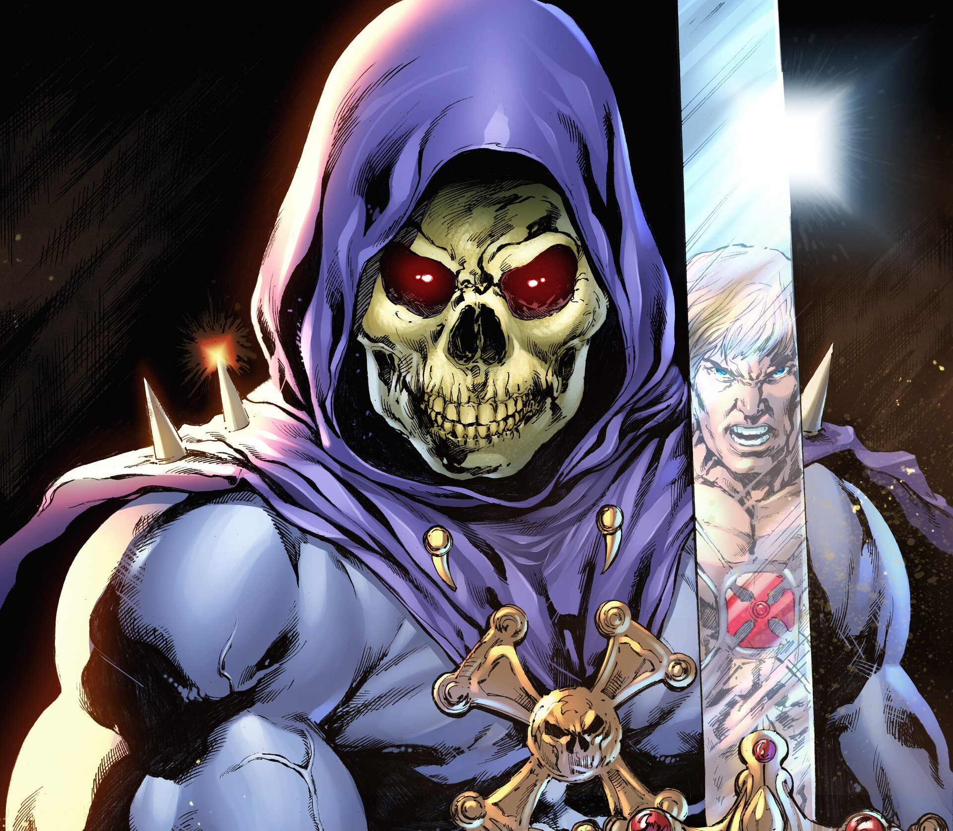 General 1920x1673 Skeletor fantasy art He-Man and the Masters of the Universe skull red eyes sword reflection He-Man