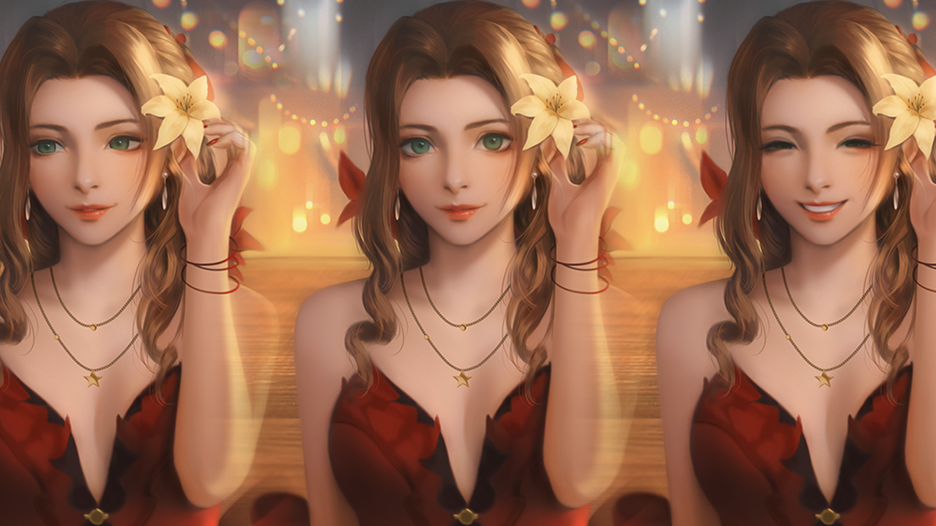 General 1920x1080 video games video game characters video game girls digital art fan art illustration Aerith Gainsborough Final Fantasy Final Fantasy VII green eyes Seungyoon Lee Square Enix