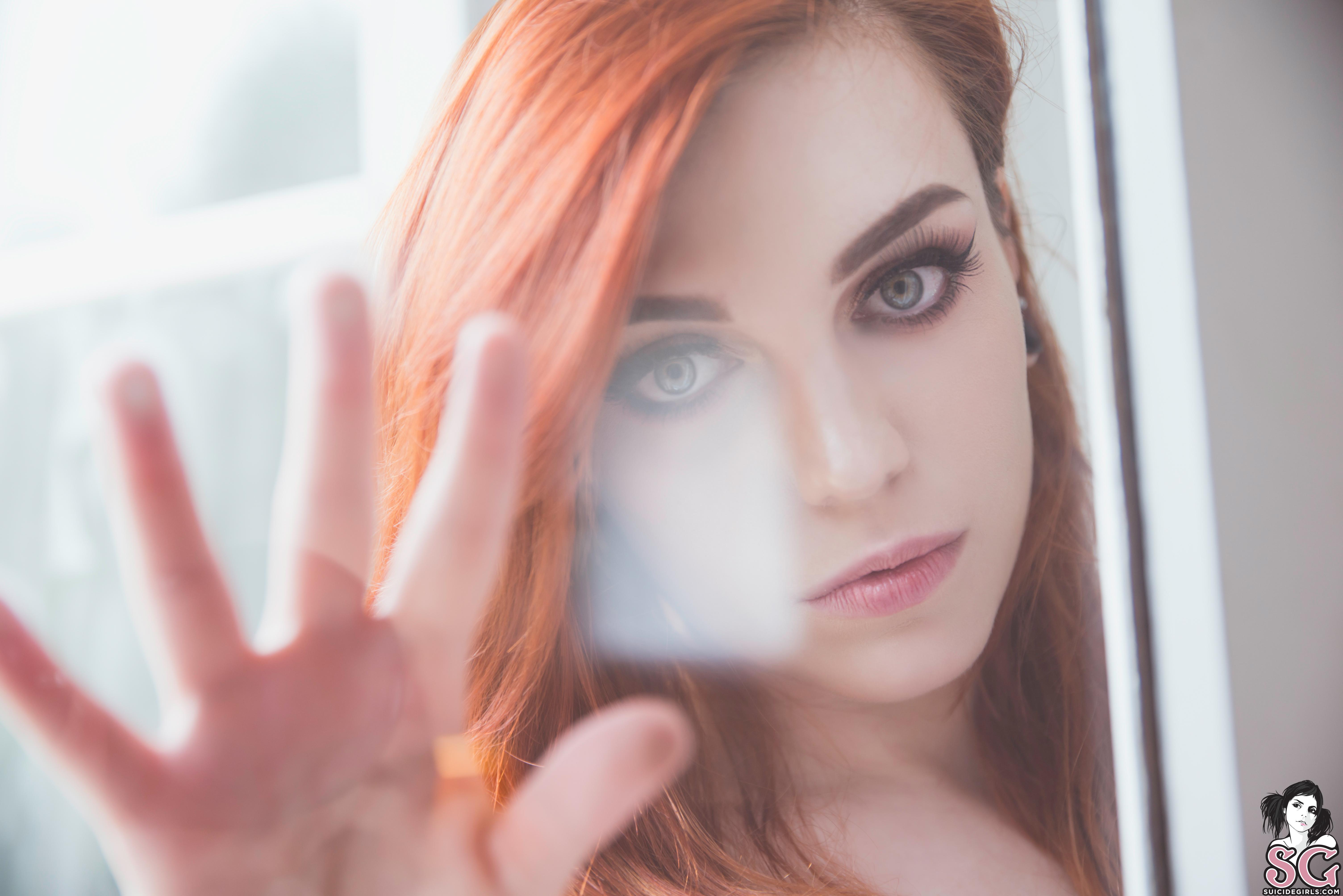 People 6016x4016 women model Suicide Girls Lovia Suicide women indoors redhead looking at viewer streched ears hands fingers makeup French French women