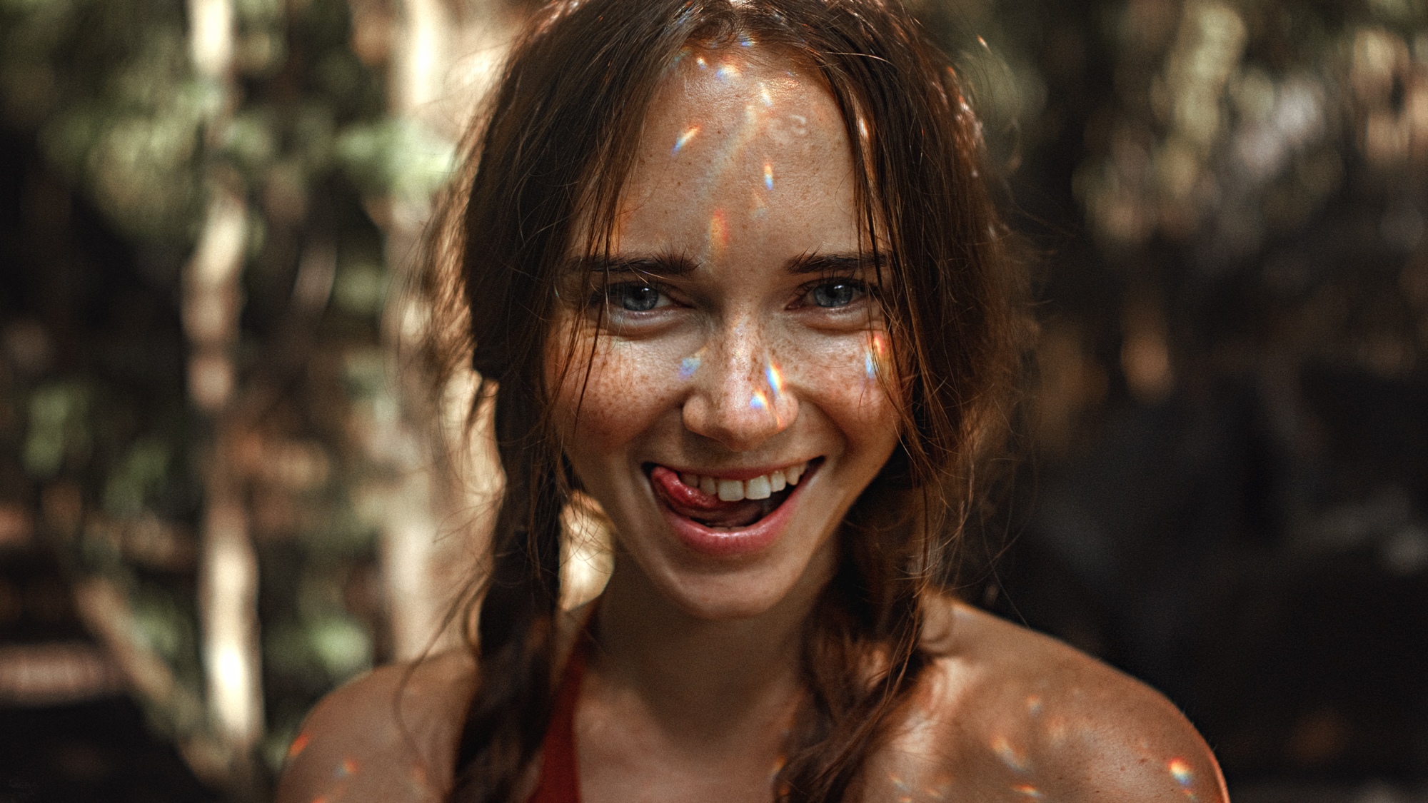 People 2000x1125 women model face women outdoors tongue out smiling freckles looking at viewer Georgy Chernyadyev Anastasia Nelen depth of field closeup teeth licking lips blue eyes brunette braids twintails bare shoulders portrait