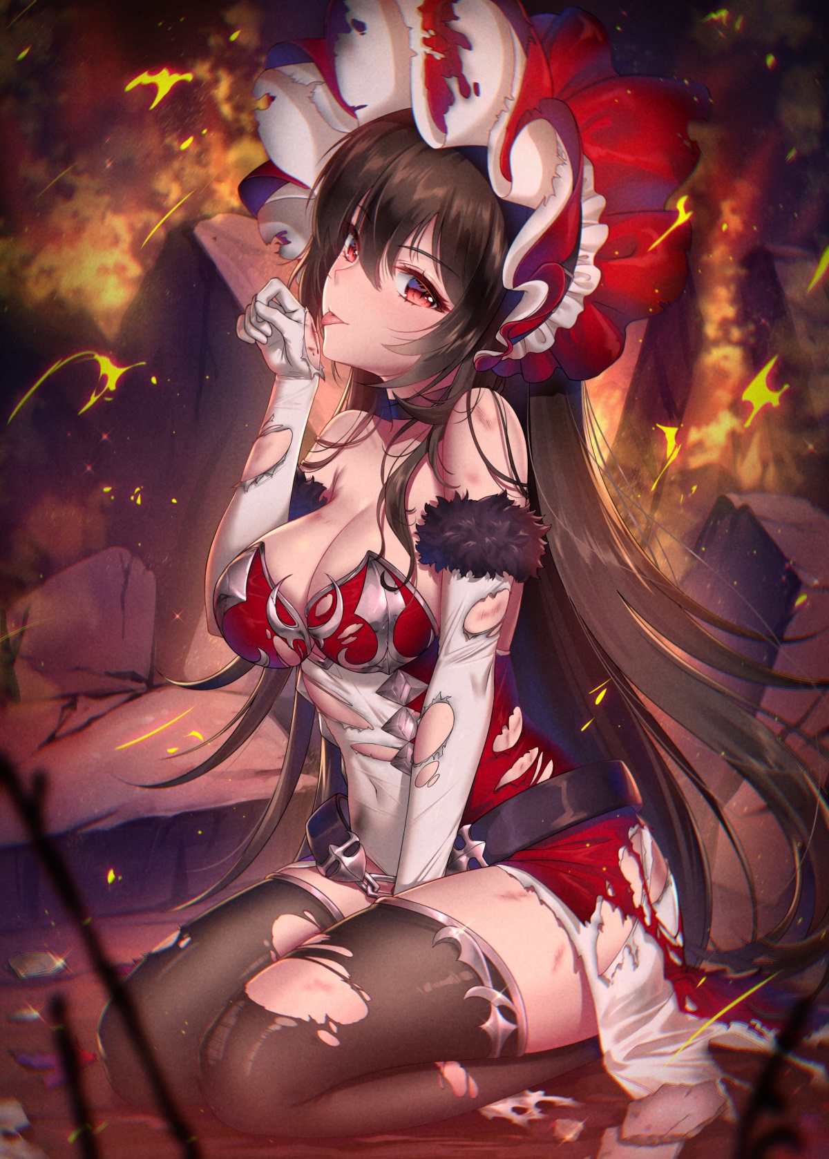 Anime 1200x1678 anime anime girls kneeling brunette red eyes tongue out licking torn clothes cleavage big boobs Princess Connect Re:Dive Ilya (Princess Connect) artwork HaneRu