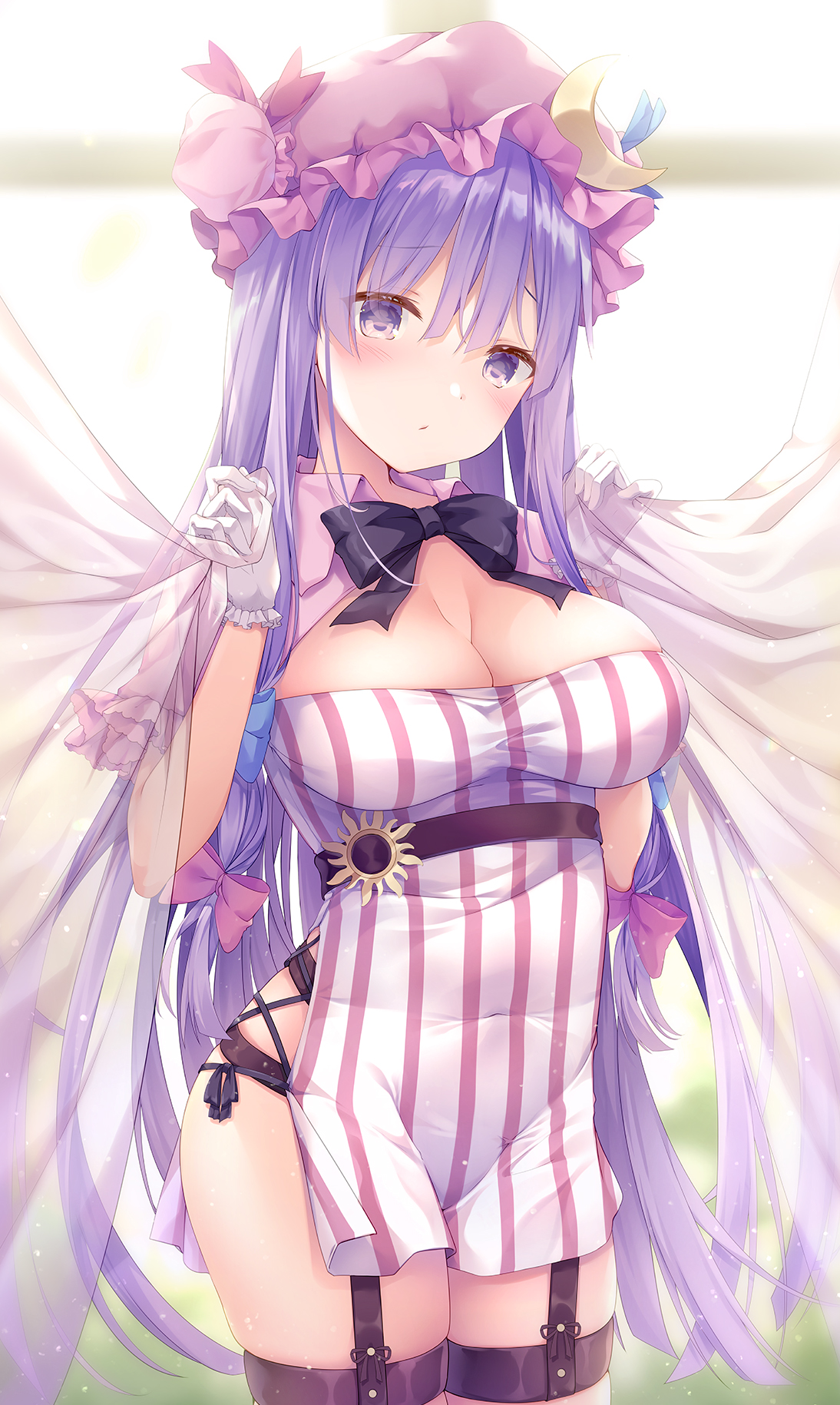 Anime 1094x1829 Patchouli Knowledge anime anime girls purple hair boobs striped clothing standing long hair looking at viewer