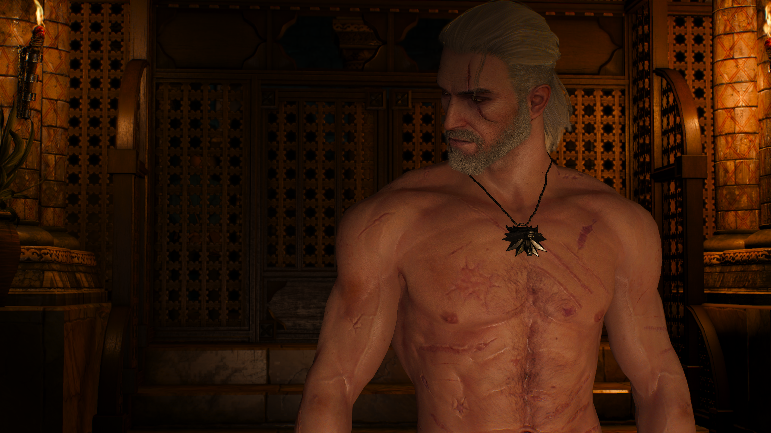 General 2557x1438 Geralt of Rivia The Witcher 3: Wild Hunt The Witcher bathhouse shirtless PC gaming digital art video games