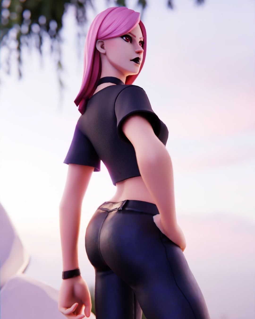 General 1080x1350 Fortnite PC gaming video game girls pink hair standing black lipstick red eyes ass