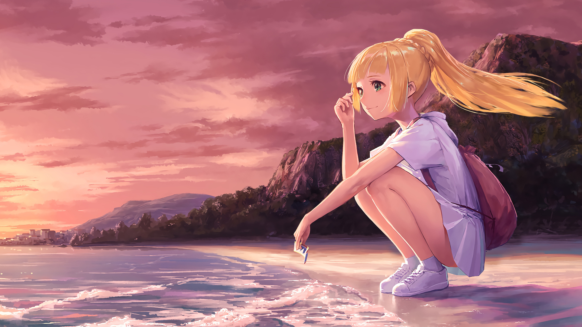 Anime 1920x1080 anime girls sea beach sky landscape cityscape sunset blonde green eyes Pokémon Lillie (Pokémon Sun and Moon)