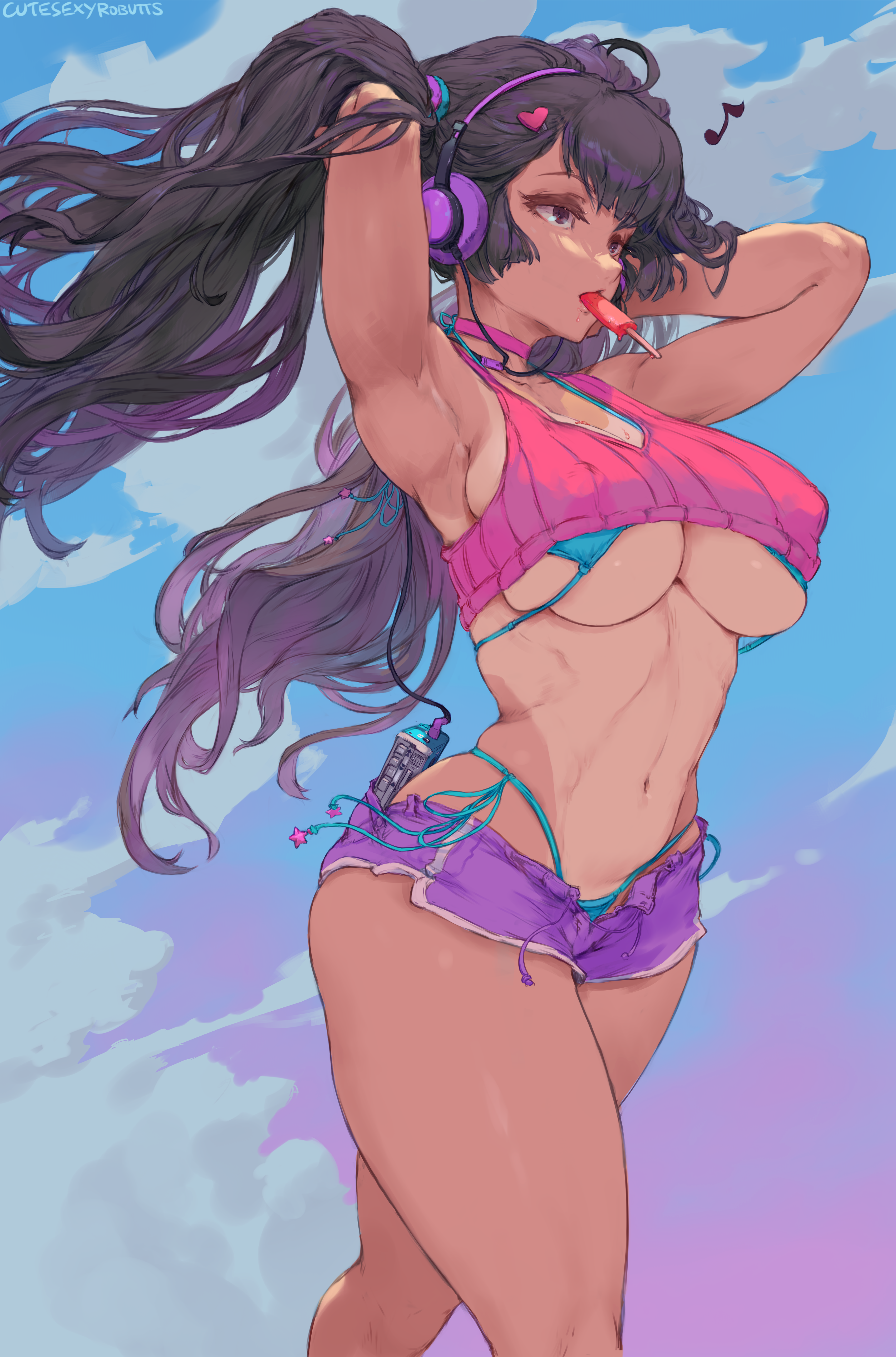 Anime 3402x5151 anime girls original characters anime long hair twintails headphones Walkman profile popsicle ice cream choker 1990s pink tops short tops bikini swimwear huge breasts underboob belly short shorts armpits thick thigh hand(s) on head clouds portrait display walking 2D artwork drawing digital art Cutesexyrobutts tanned tan lines hairpins gradient hair standing arms up arm(s) behind head string panties string bikini
