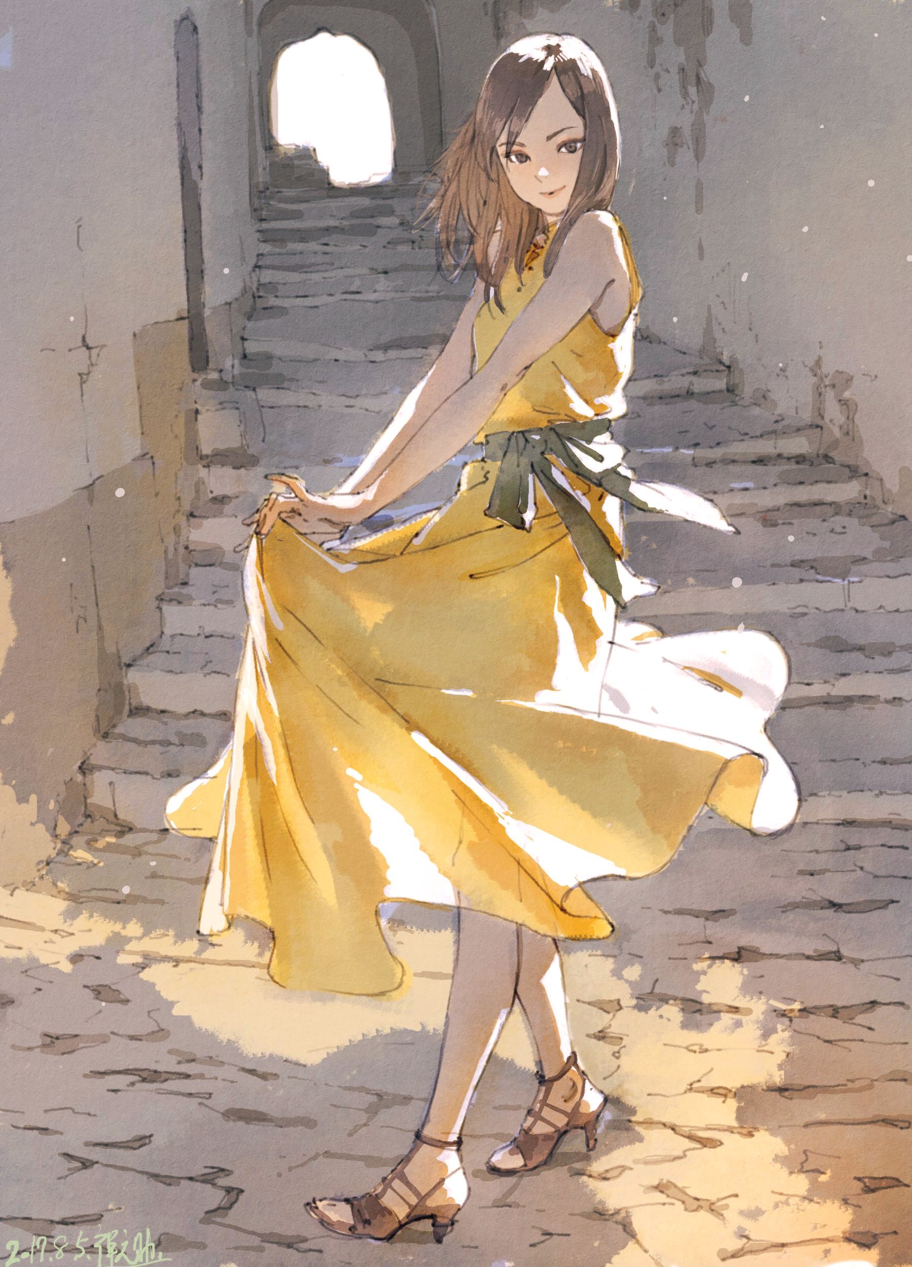 Anime 1800x2500 anime girls anime yellow dress outdoors urban brown eyes brunette Zen Yukisuke