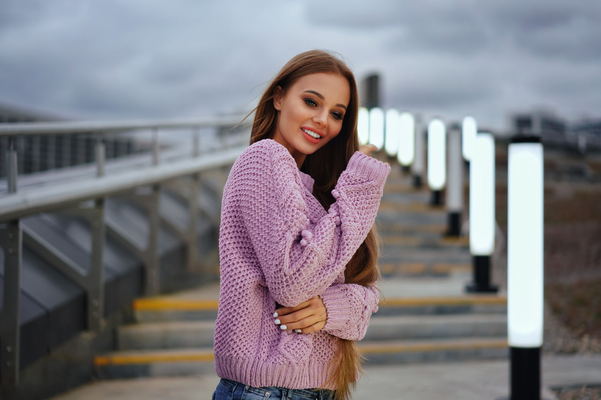 People 1920x1280 women portrait smiling women outdoors long hair painted nails pink sweater