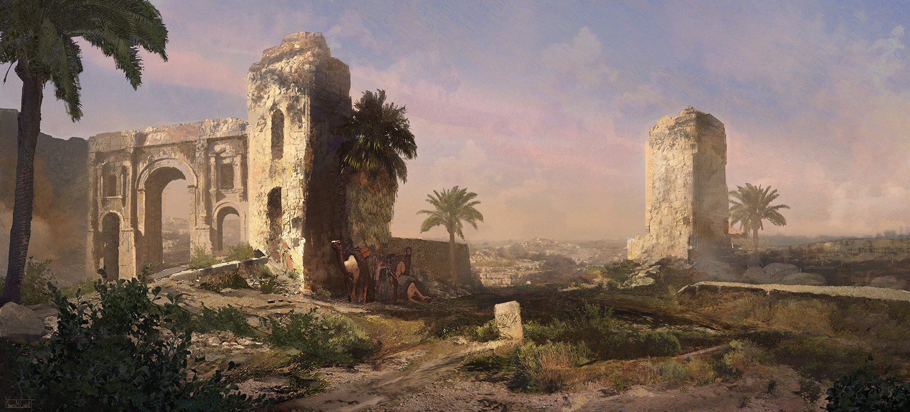 General 1800x816 artwork digital art desert camels ruins landscape