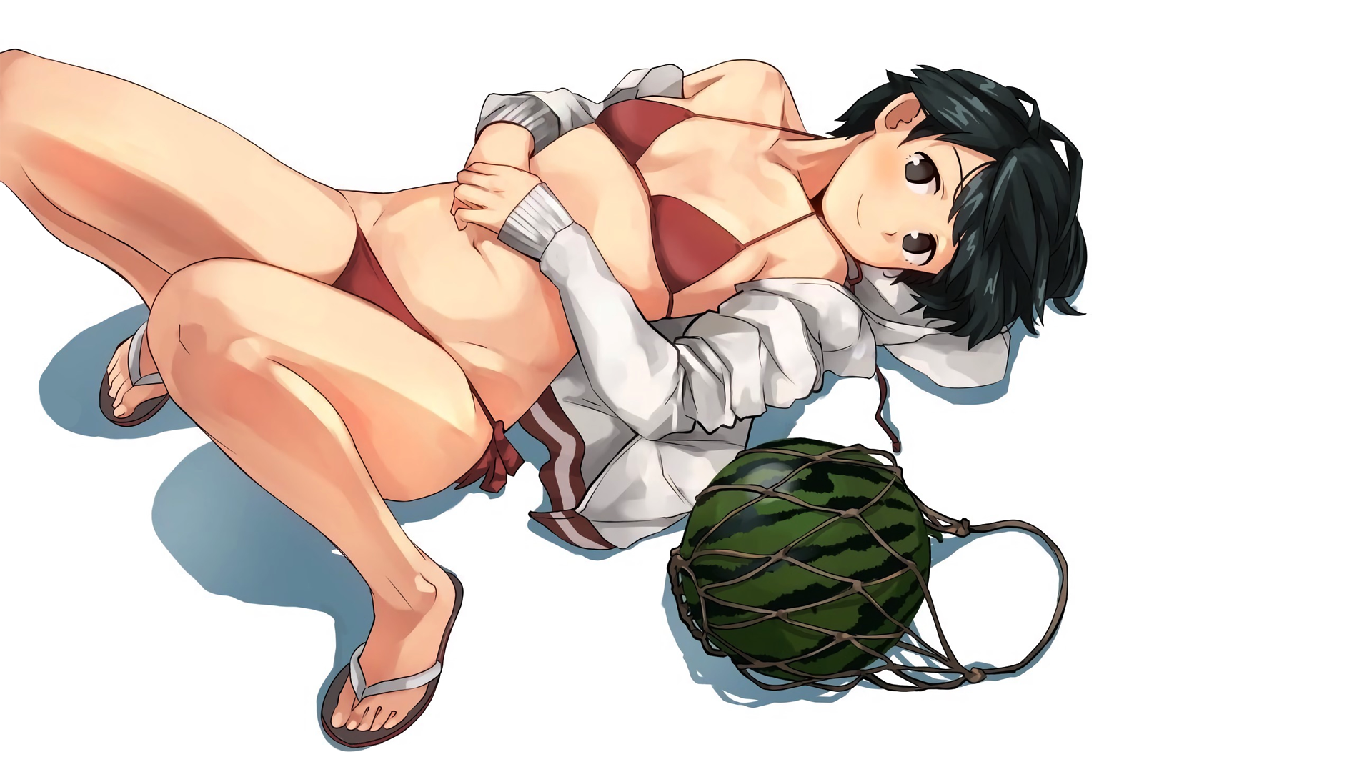 Anime 1920x1080 anime anime girls simple background watermelons red swimsuit bikini summer Kantai Collection Mogami (Kancolle)