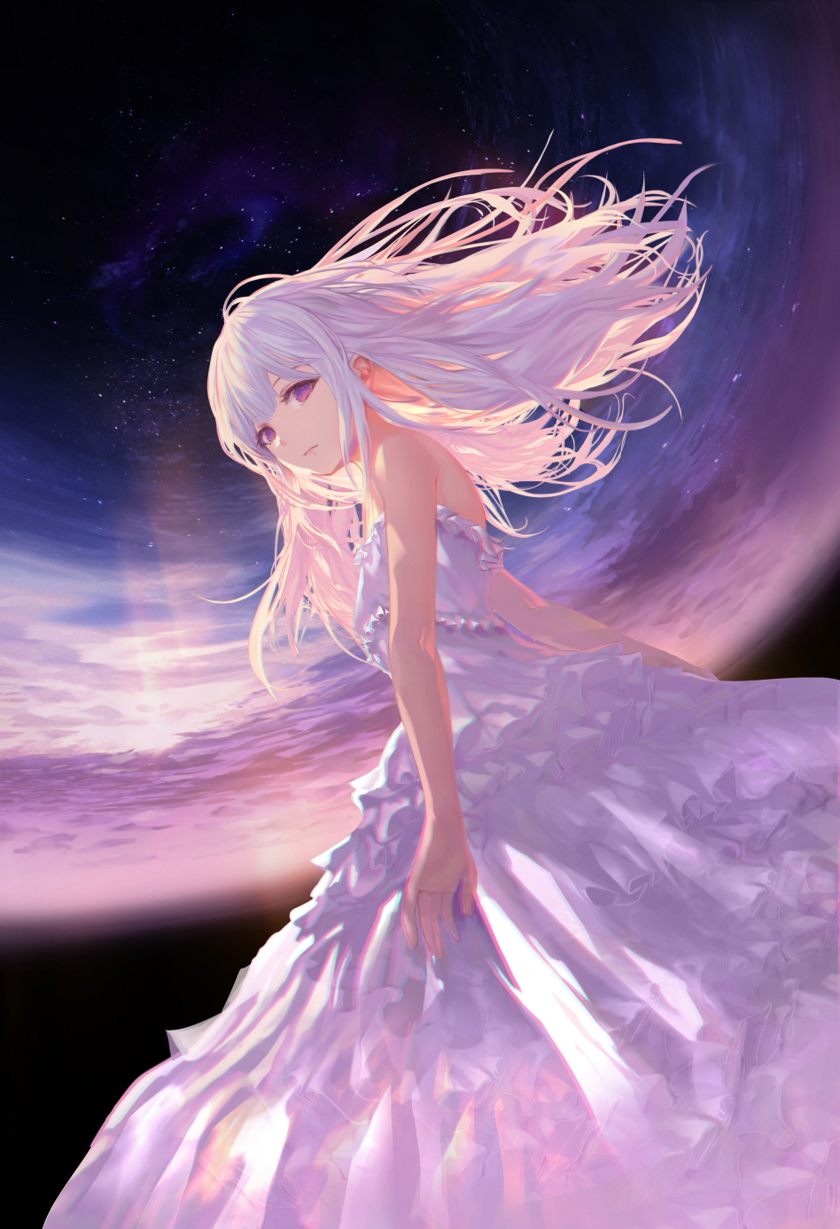 Anime 948x1387 anime anime girls dress long hair white hair purple eyes white dress sky Jname