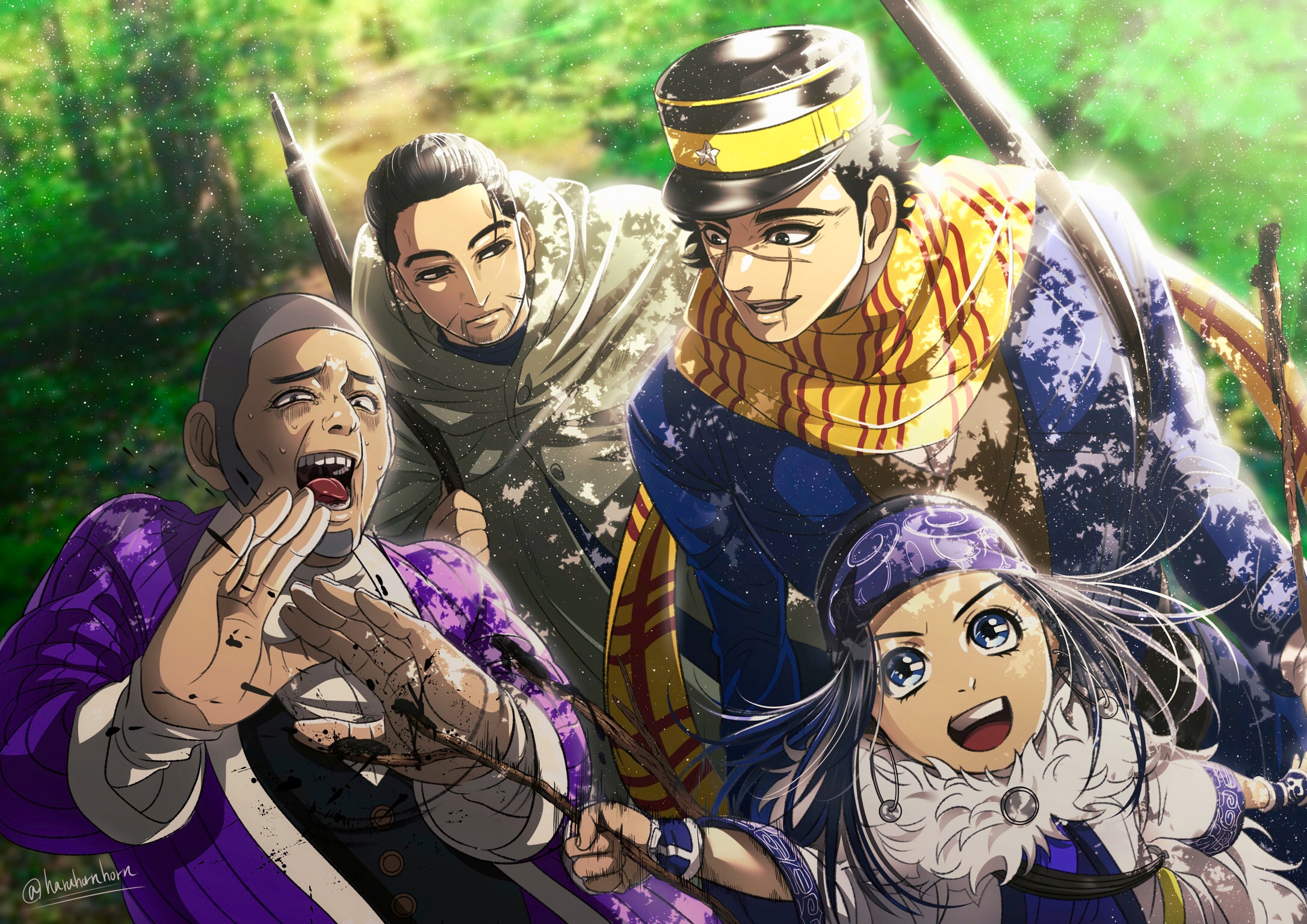 Anime 2172x1536 Golden Kamuy anime boys anime girls military uniform soldier rifles shaved head long hair short hair black hair 2D Sugimoto Saichi Asirpa (Golden Kamuy) open mouth scars looking at viewer looking away black eyes blue eyes anime fan art forest