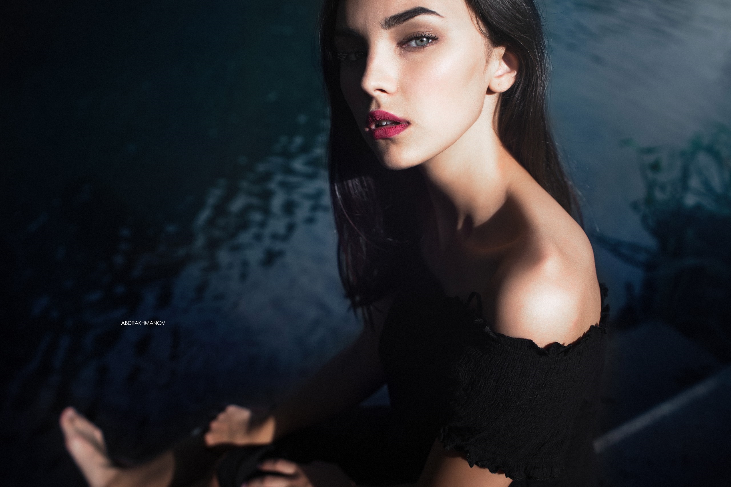 People 2560x1707 Lenar Abdrakhmanov women model portrait looking at viewer outdoors depth of field bare shoulders black top barefoot red lipstick dark hair water sitting women outdoors Aisuly