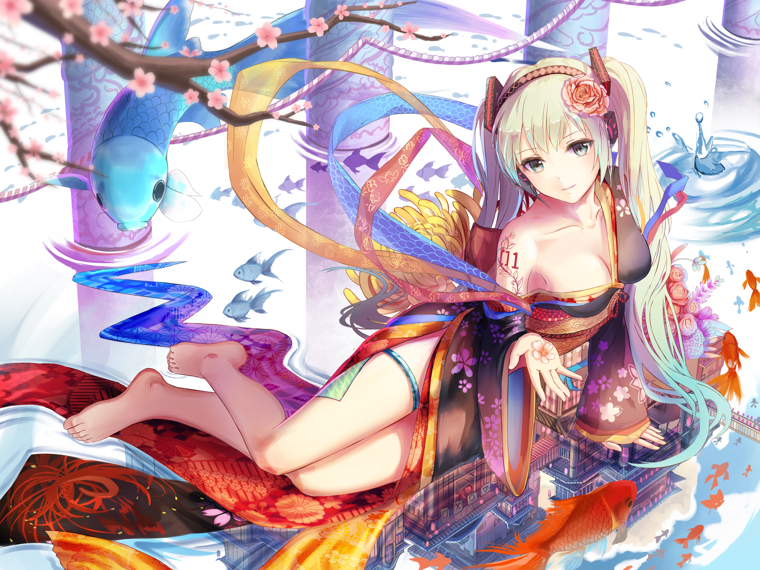 Anime 3200x2400 Hatsune Miku thighs kimono fish water reflection Vocaloid twintails green hair bare shoulders flower in hair looking at viewer green eyes anime