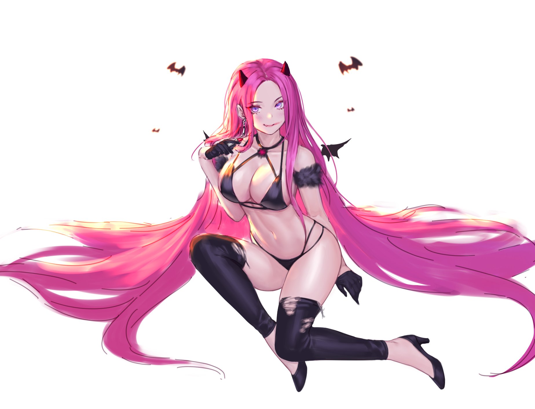 Anime 1848x1414 long hair thighs pink hair cleavage horns torn clothes purple eyes pointy ears gloves fangs demon anime siun