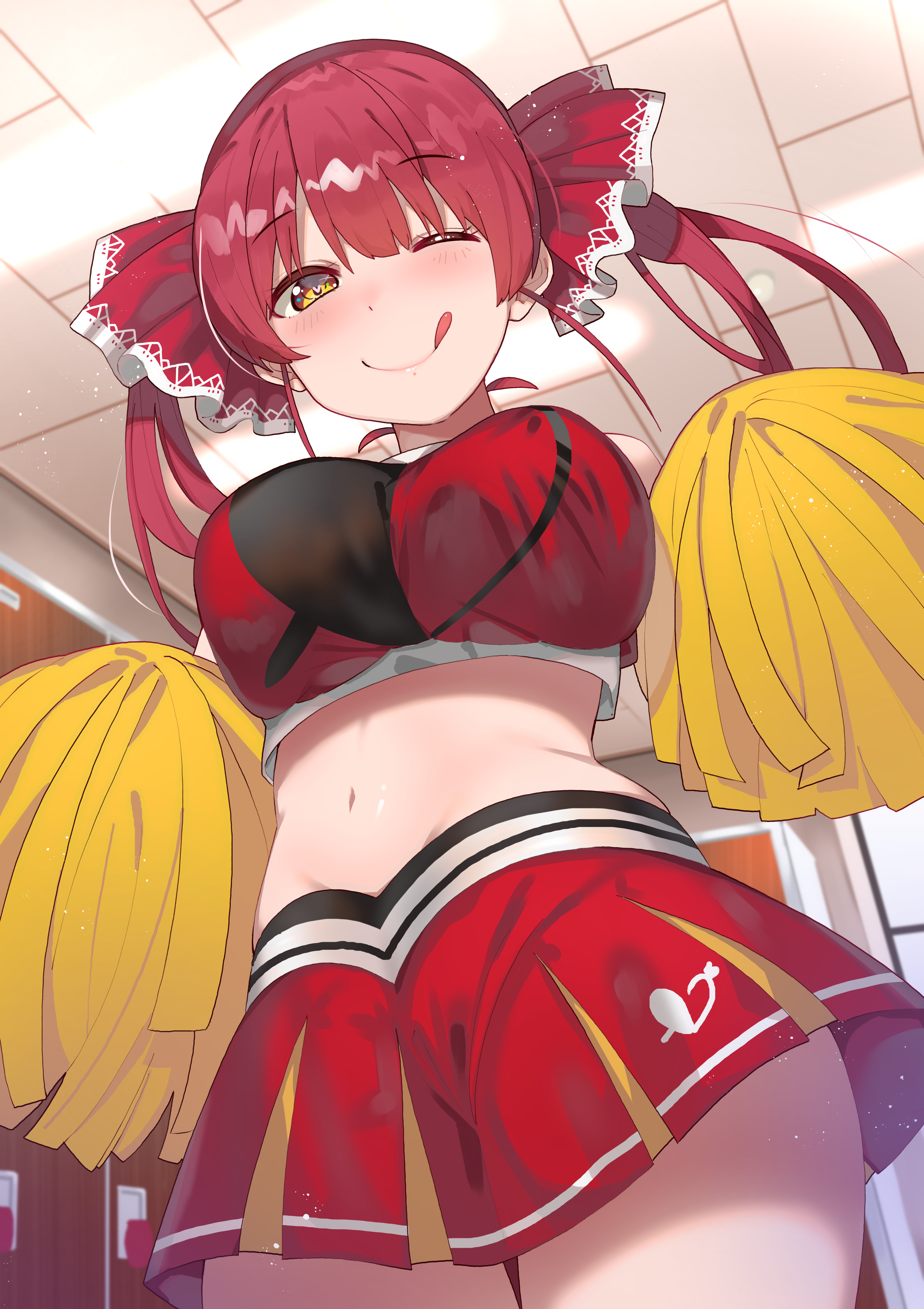 Anime 4553x6449 Houshou Marine Virtual Youtuber anime girls anime fan art redhead twintails hair accessories bangs wink looking at viewer blushing smiling low-angle cheerleaders red clothing miniskirt thighs belly curvy portrait display 2D artwork digital art illustration drawing Keru Hololive ecchi tongue out