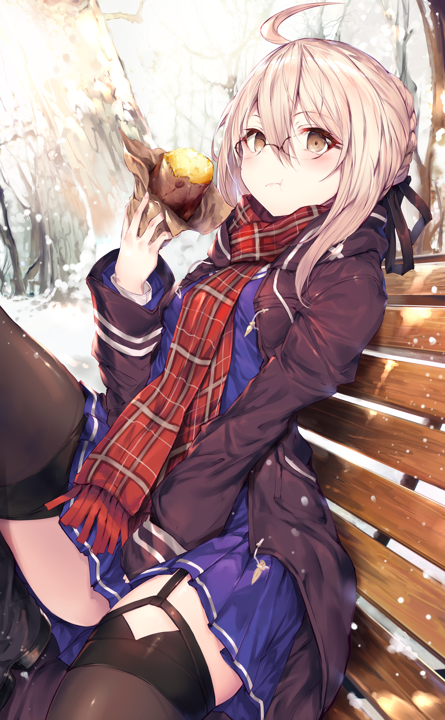 Anime 1488x2404 anime anime girls digital art artwork 2D portrait display blonde eating scarf glasses brown eyes thigh-highs bench Fal Maro Fate series Fate/Grand Order Artoria Pendragon Mysterious Heroine X (Fate/Grand Order) Mysterious Heroine X Alter (Fate/Grand Order)