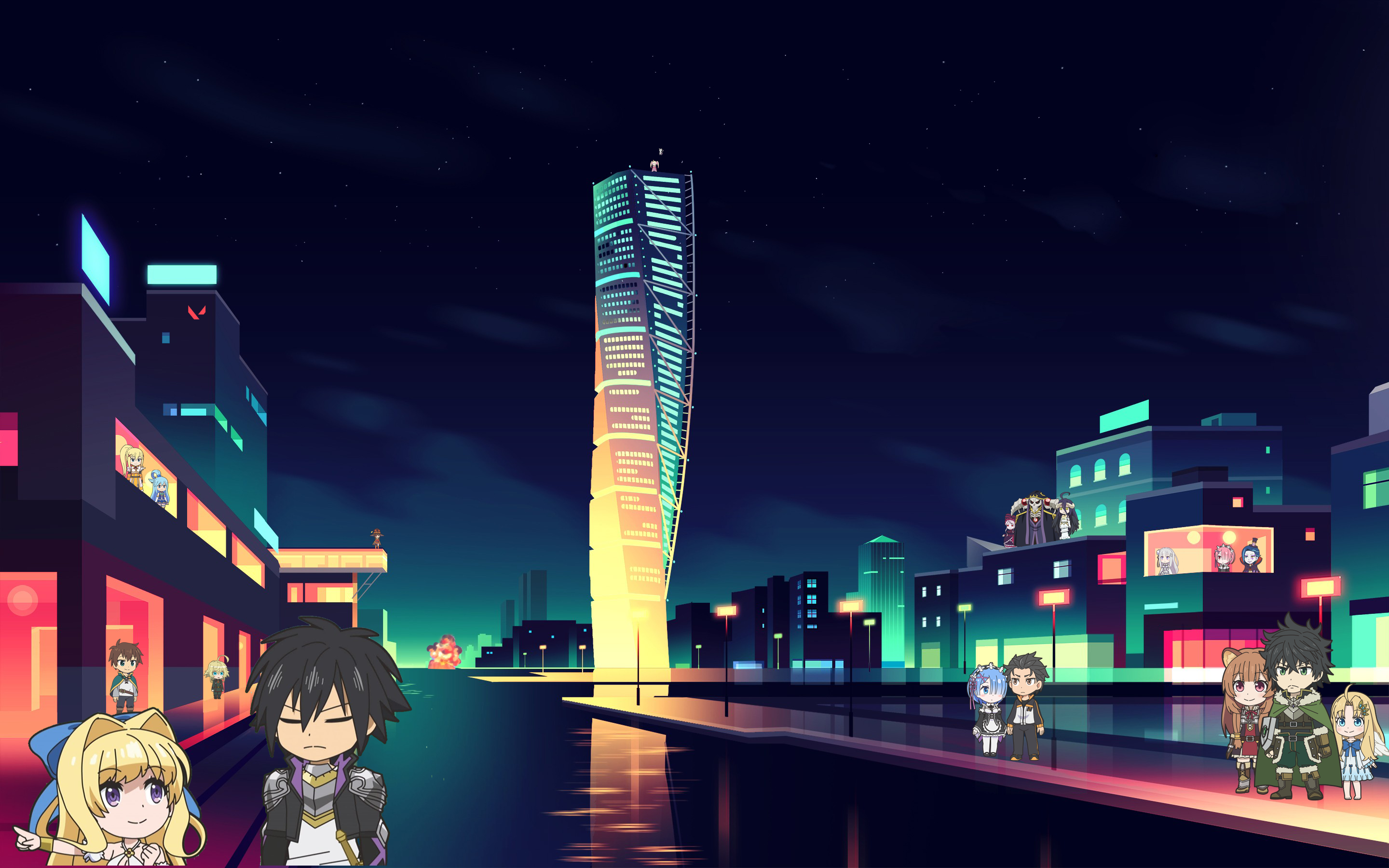 Anime 2880x1800 Isekai Quartet neon architecture anime anime girls anime boys cityscape building city