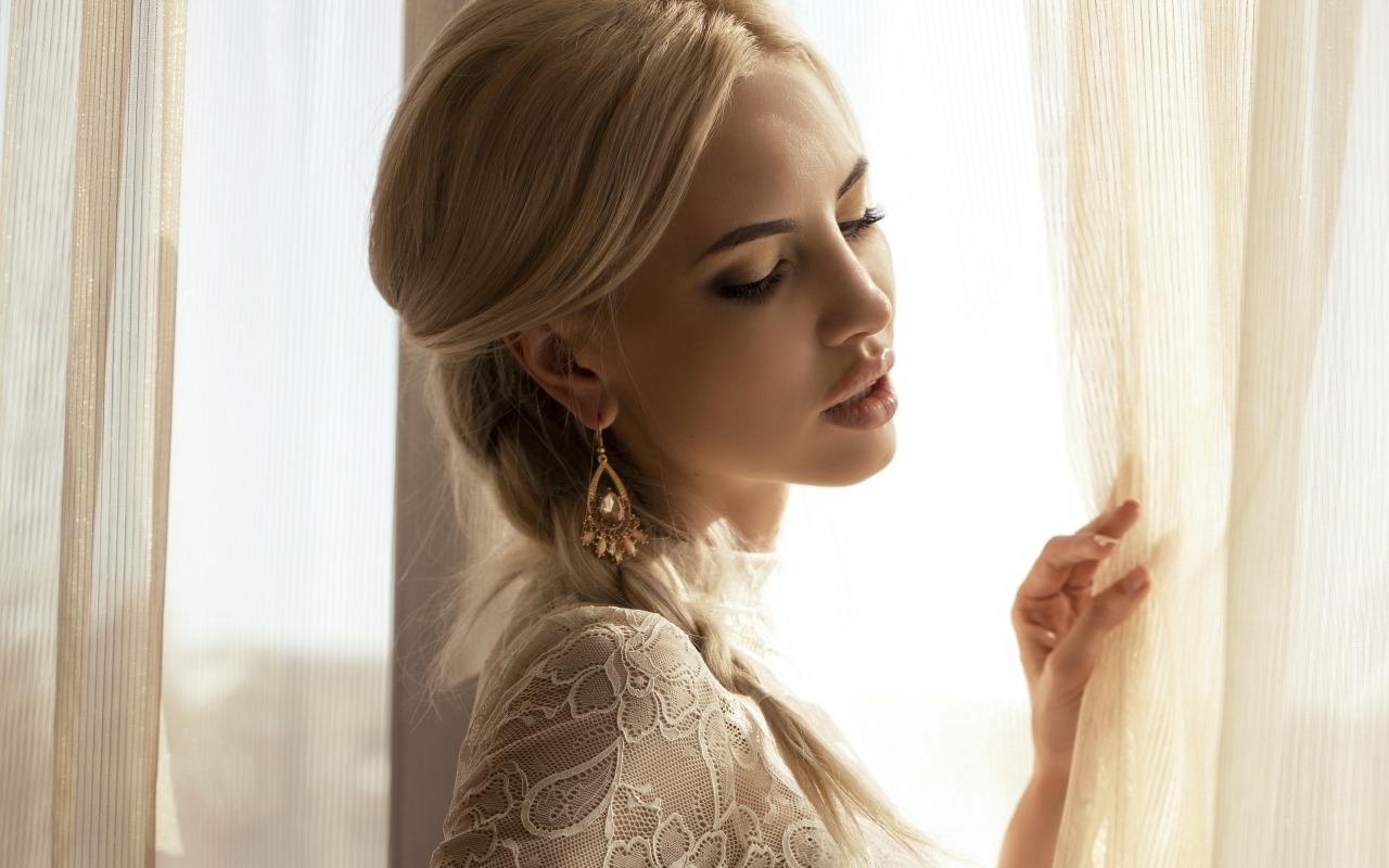 People 1280x800 blonde model women braids dress makeup parted lips earring curtains window women indoors glamour girls glamour classy