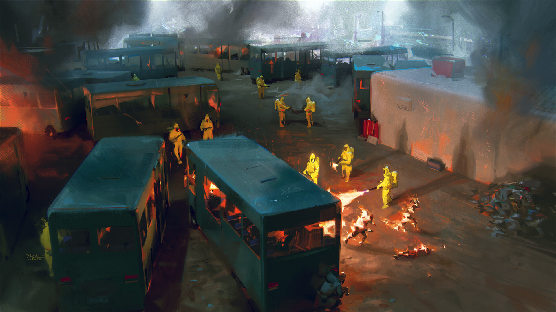 General 1920x1080 digital art artwork hazmat suits flamethrower post apocalypse apocalyptic zombies