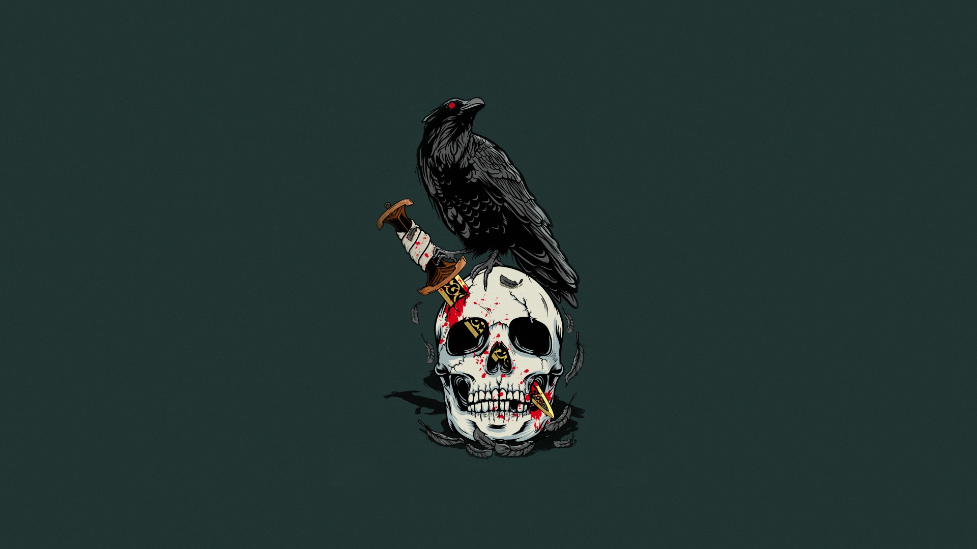 General 1920x1080 birds skull artwork simple background raven green green background blood knife teeth animals feathers