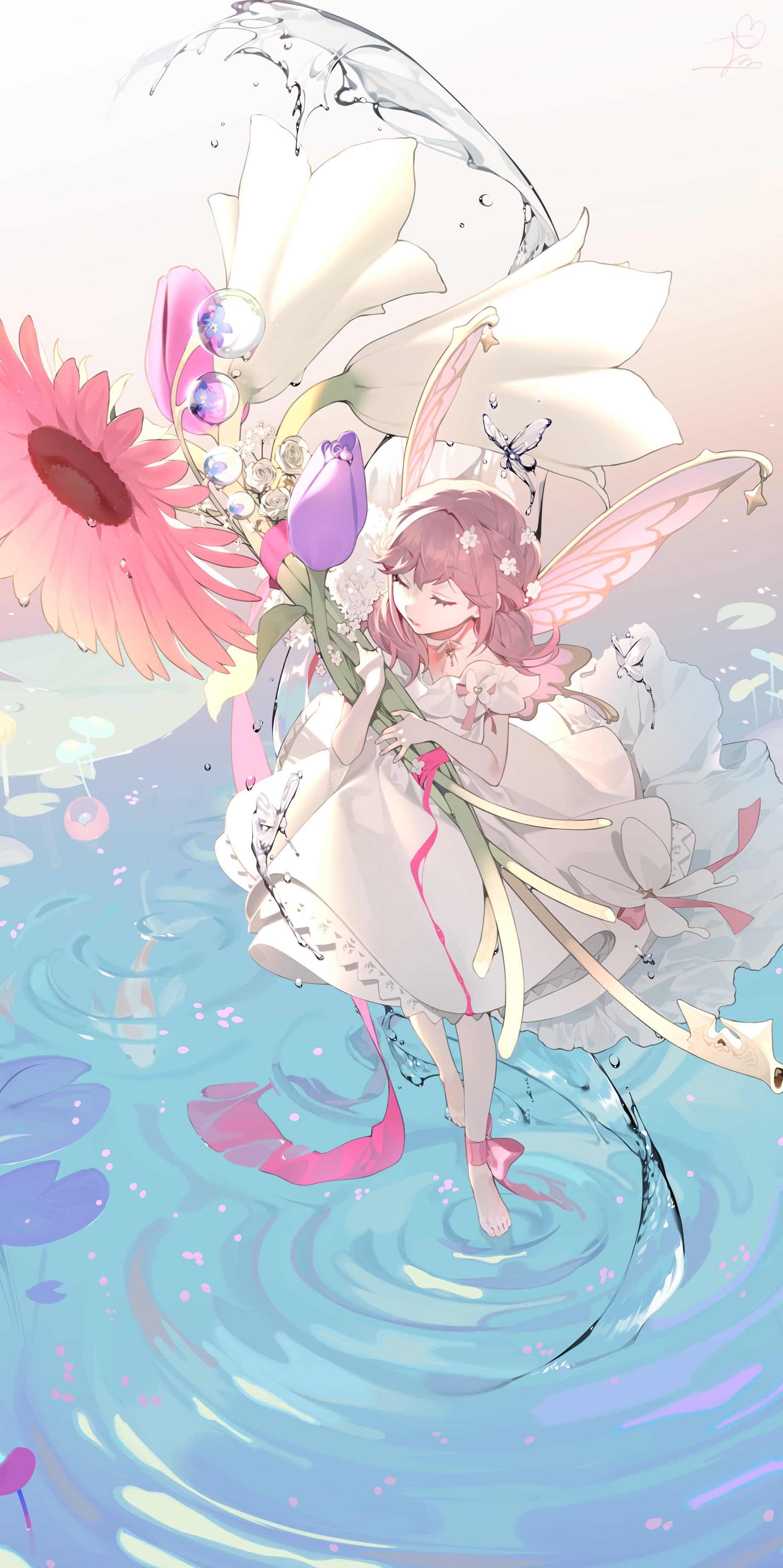 Anime 1838x3682 anime anime girls digital art artwork portrait display 2D ohisashiburi fairies wings dress barefoot flowers brunette