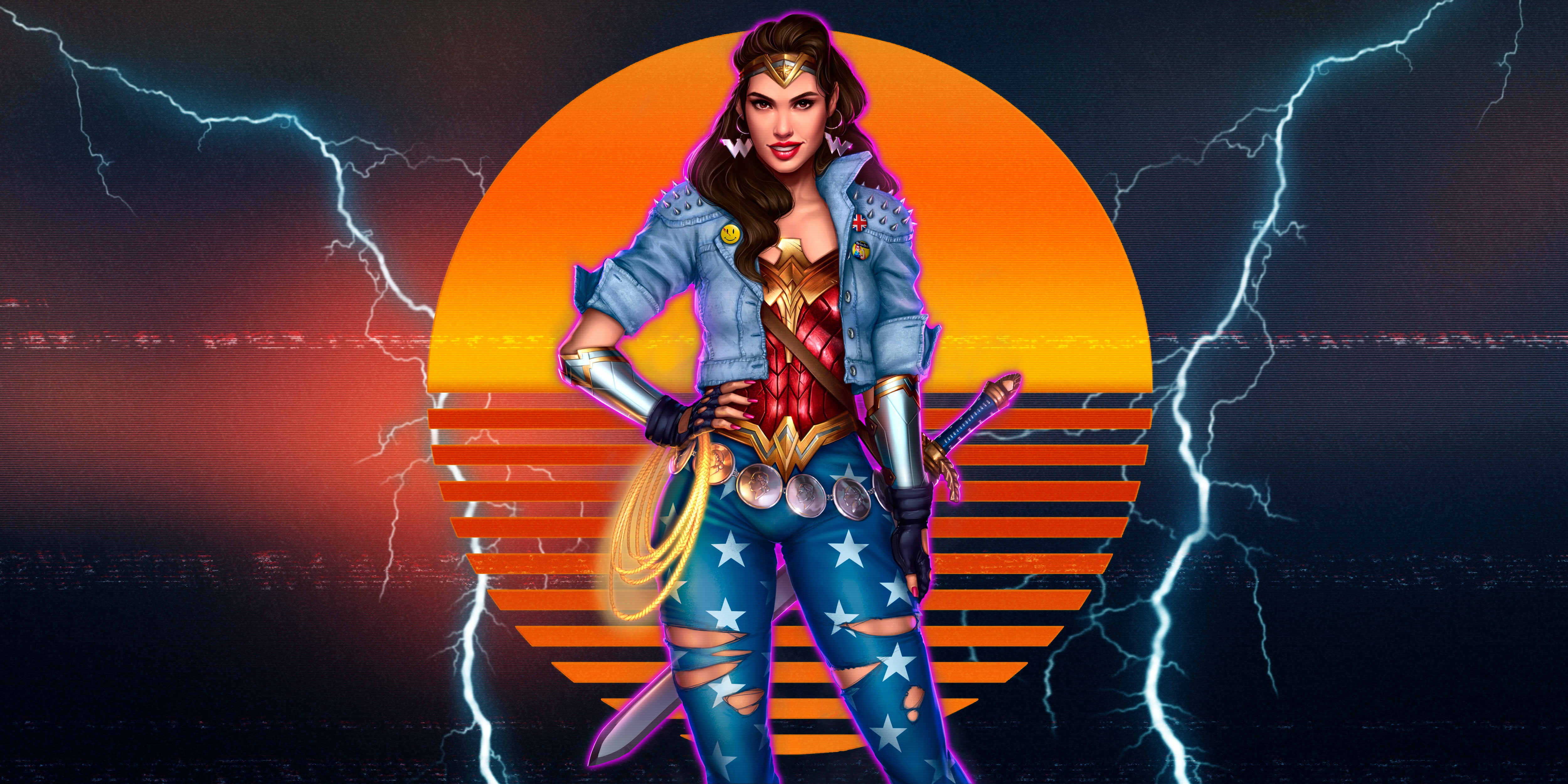 General 5000x2500 Wonder Woman fantasy girl retrowave synthwave artwork figure-hugging armor jacket spikes denim jacket torn jeans torn clothes