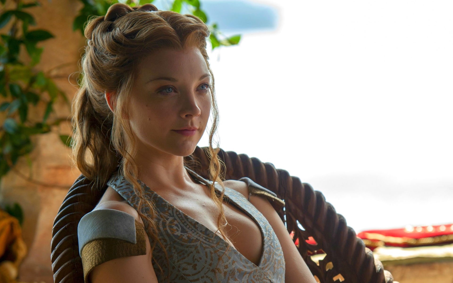 People 1920x1200 Natalie Dormer  Margaery Tyrell Game of Thrones women blonde blue eyes dress blue dress cleavage curly hair TV actress sitting on chair sitting chair