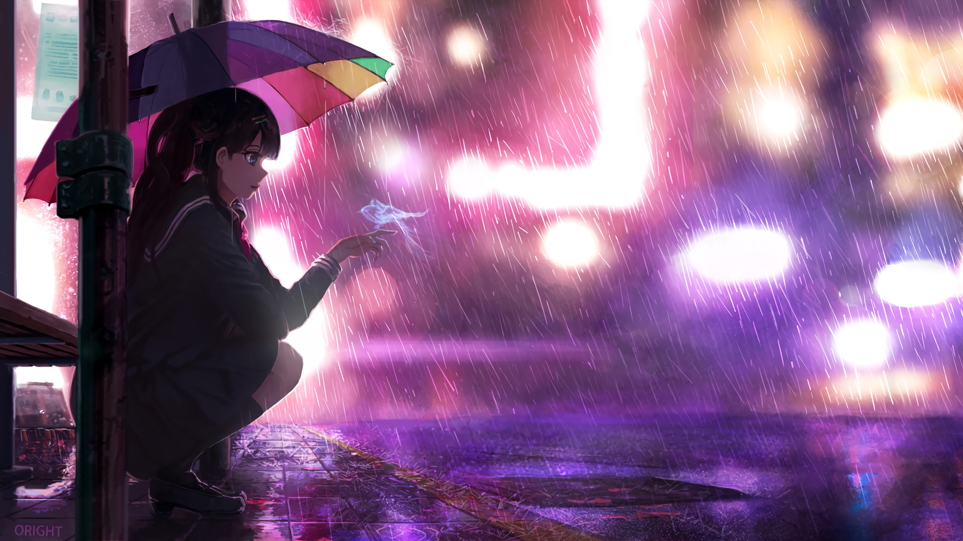 Anime 1920x1080 umbrella rain lights long hair school uniform black hair anime