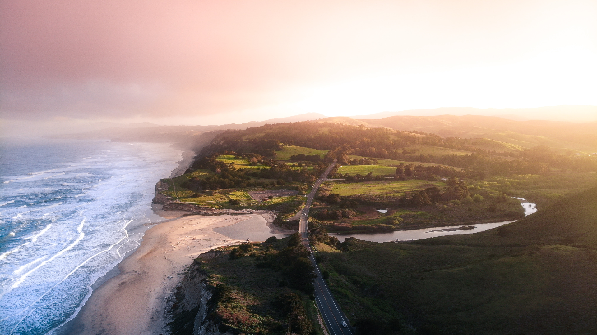 General 1920x1080 nature landscape mountains road waves sea trees grass field coast beach sand mist Pacific Ocean aerial view drone photo