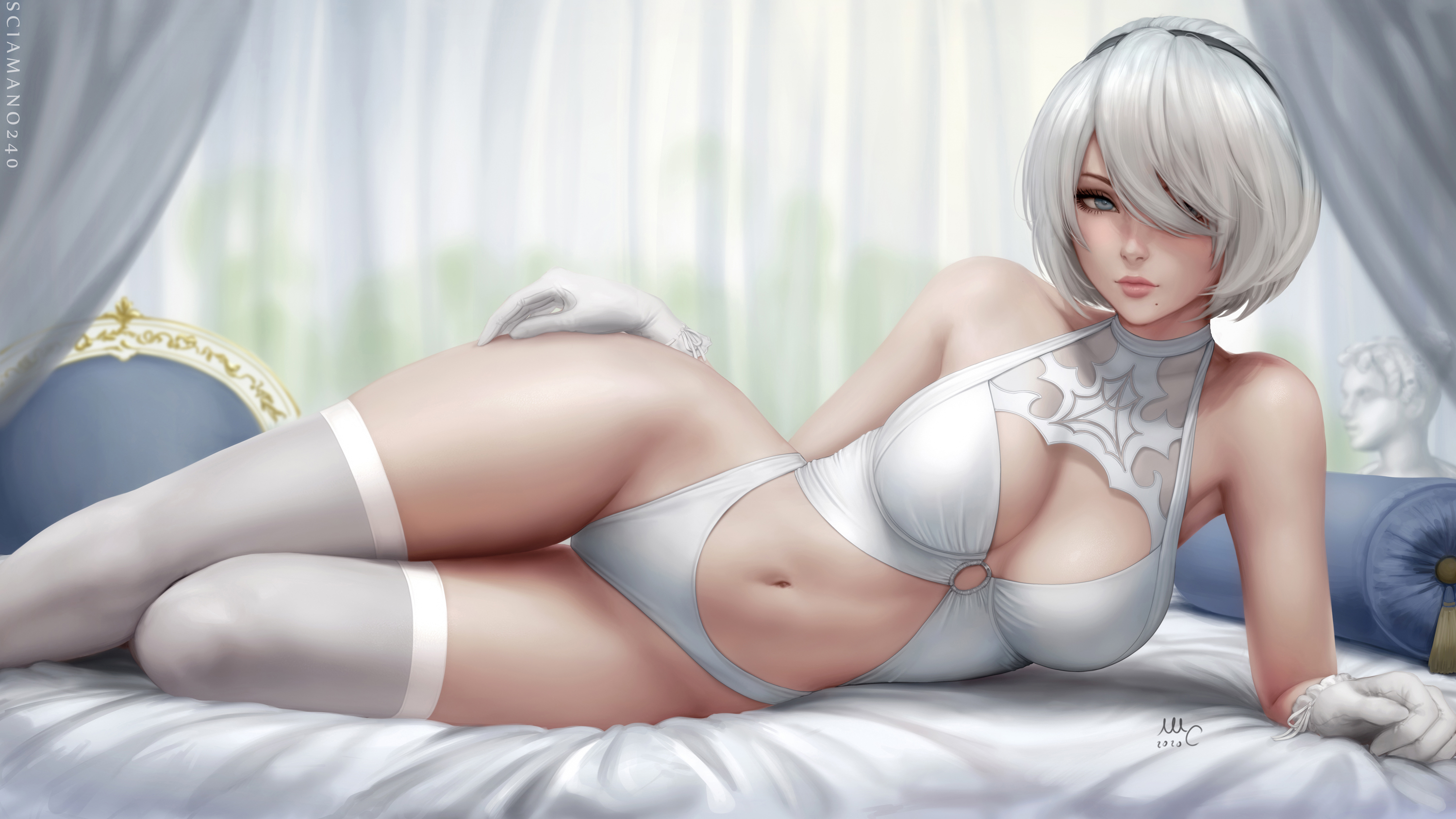 General 3000x1688 illustration artwork drawing video game girls video game characters lying on side white clothing lingerie stockings thigh-highs curtains women white stockings Mirco Cabbia video games bed 2B (Nier: Automata) Nier: Automata cleavage looking at viewer belly hair over one eye fan art digital art short hair silver hair blue eyes mole under mouth moles lying down closed mouth bare shoulders collarbone white gloves gloves headband the gap