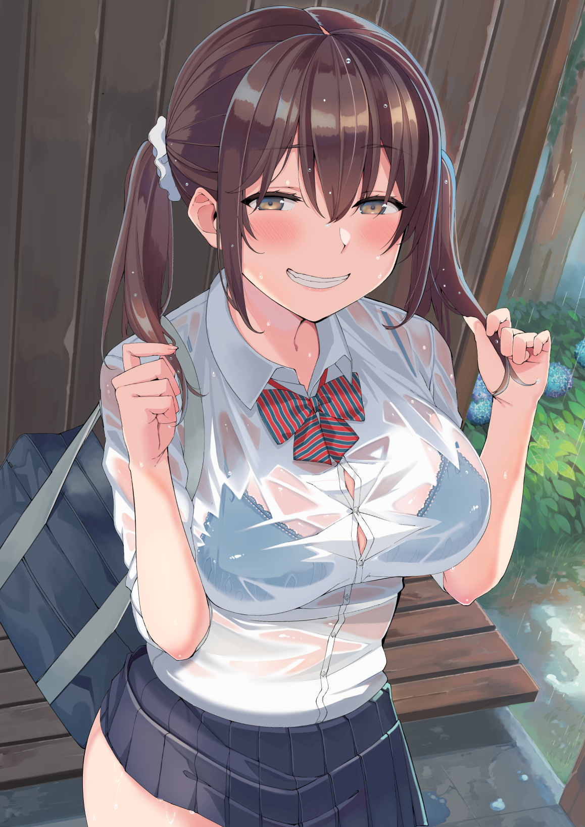 Anime 1158x1637 anime anime girls digital art artwork 2D portrait display wet clothing see-through blouse bra school uniform smiling blushing twintails brunette brown eyes Nuko