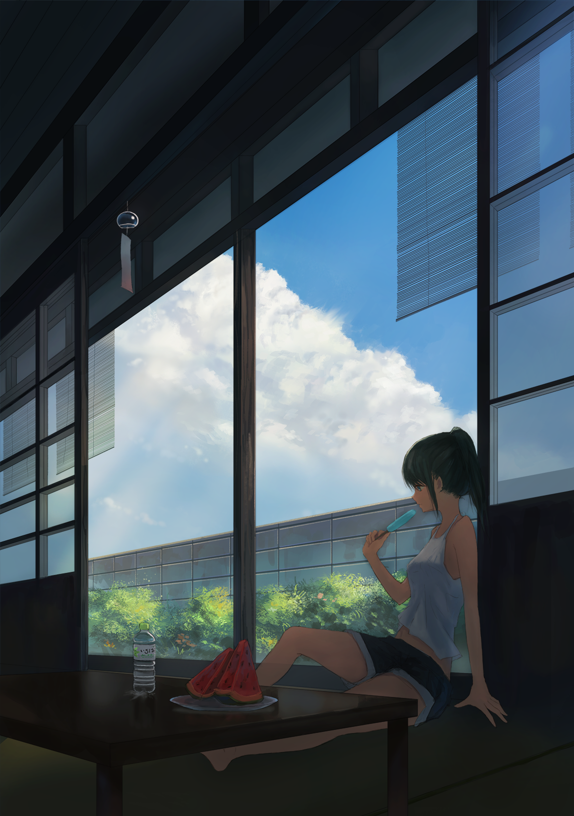 Anime 1147x1631 kgmnx anime anime girls summer watermelons popsicle food fruit pants women indoors indoors dark hair sweets