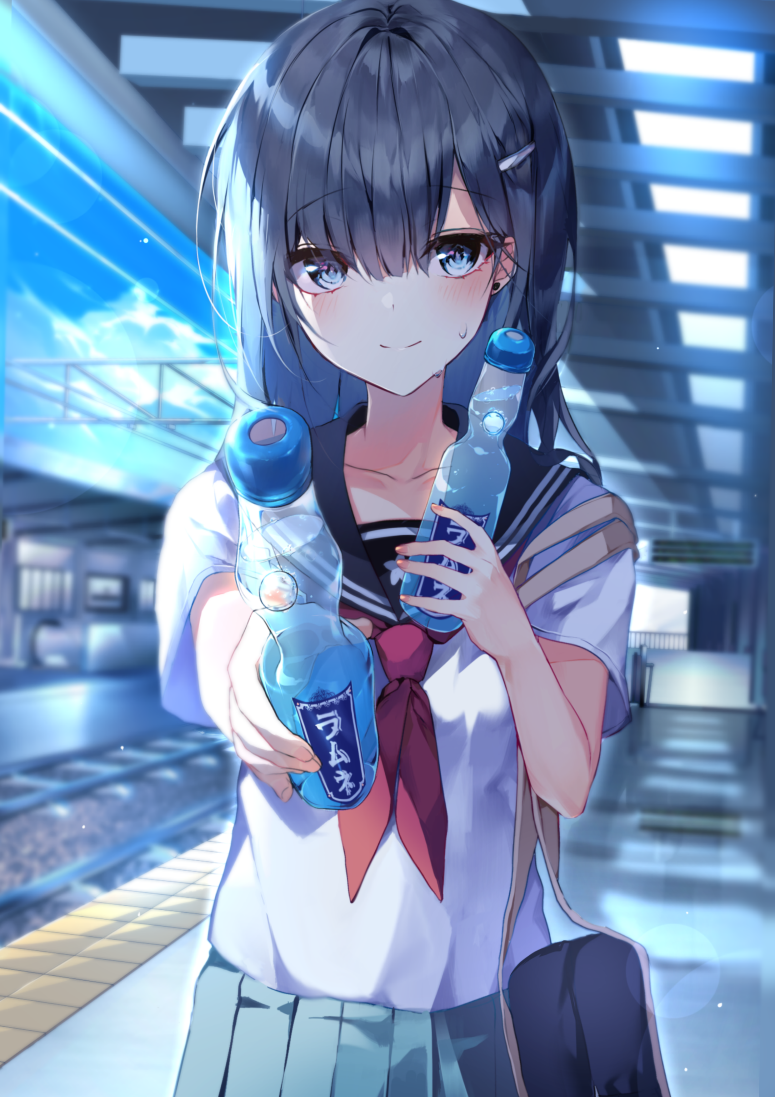 Anime 2480x3508 anime anime girls digital art artwork 2D portrait display train station water bottle school uniform black hair blue eyes POV Bara