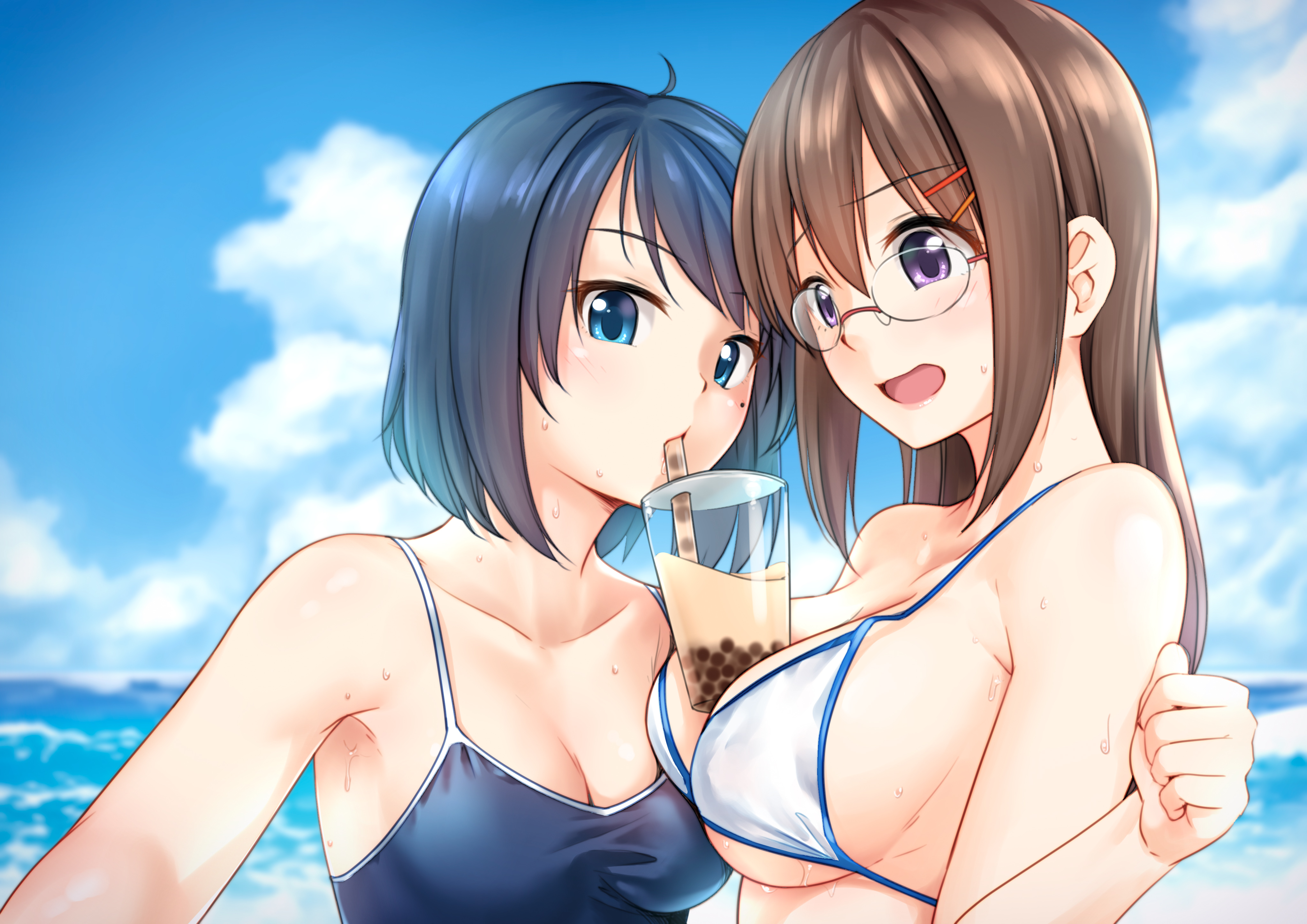 Anime 4093x2894 bikini anime anime girls boobs big boobs open mouth drinking blue hair brunette blue eyes outdoors school swimsuits boobs on boobs