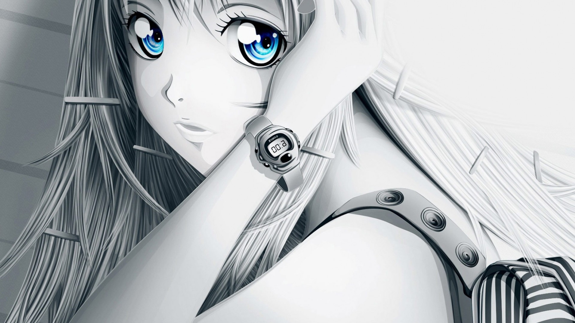 Anime 1921x1080 anime white background blue eyes wristwatch white hair anime girls backpacks